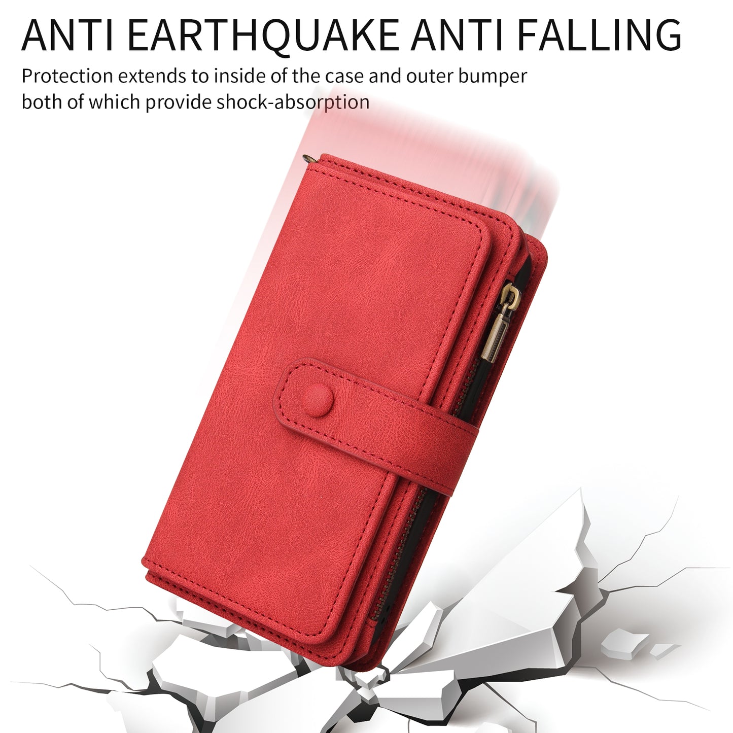 For iPhone 17 Pro Max Zipper Wallet Case with 15 Card Slots and Strap Leather Phone Cover - Red