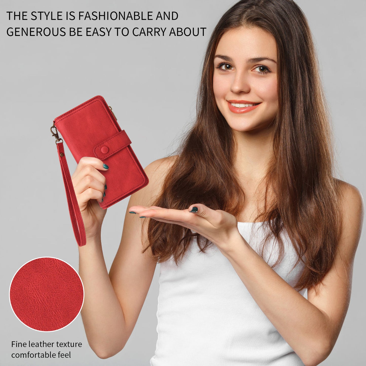 For iPhone 17 Pro Max Zipper Wallet Case with 15 Card Slots and Strap Leather Phone Cover - Red