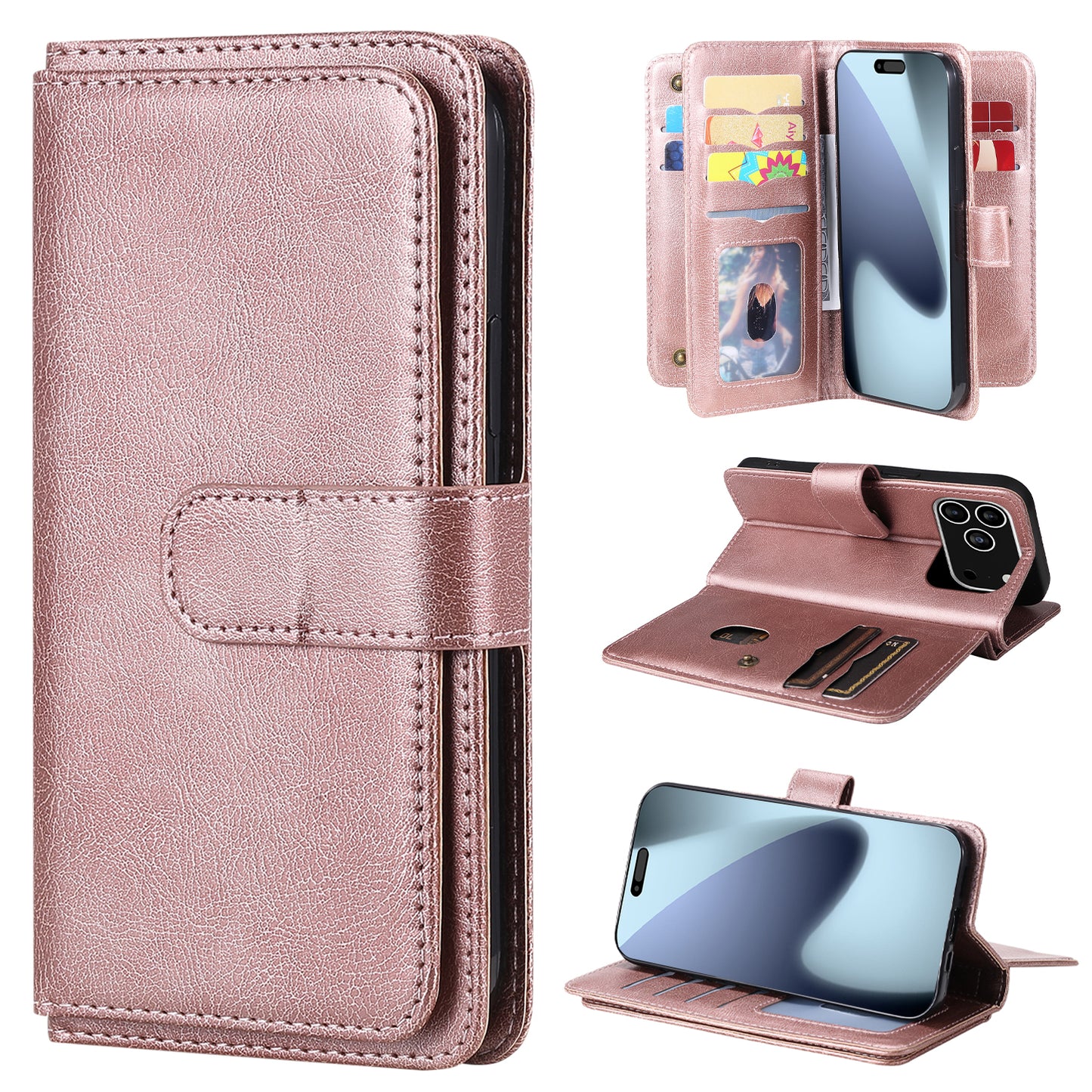 For iPhone 17 Pro Max Leather Case with 10 Card Holder Phone Cover Stand - Rose Gold