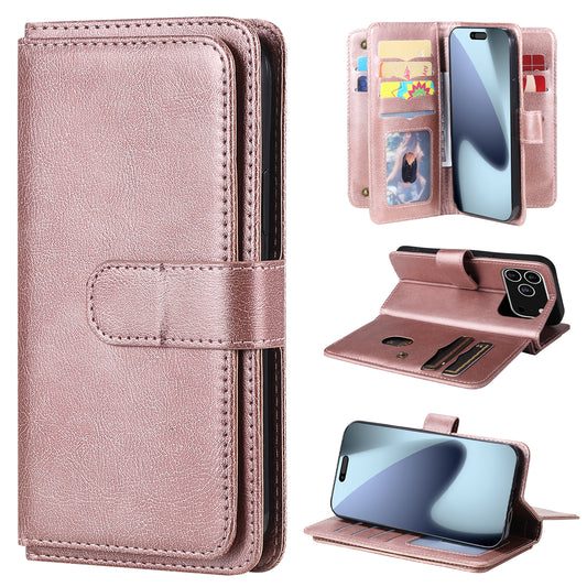 For iPhone 17 Pro Max Leather Case with 10 Card Holder Phone Cover Stand - Rose Gold