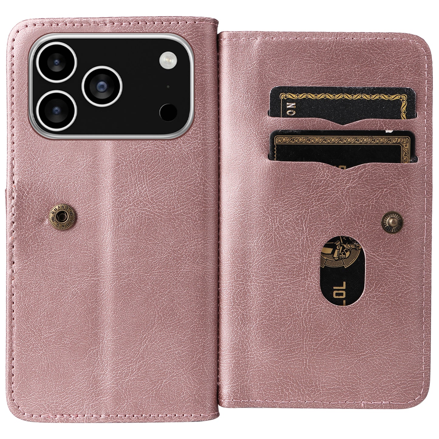 For iPhone 17 Pro Max Leather Case with 10 Card Holder Phone Cover Stand - Rose Gold