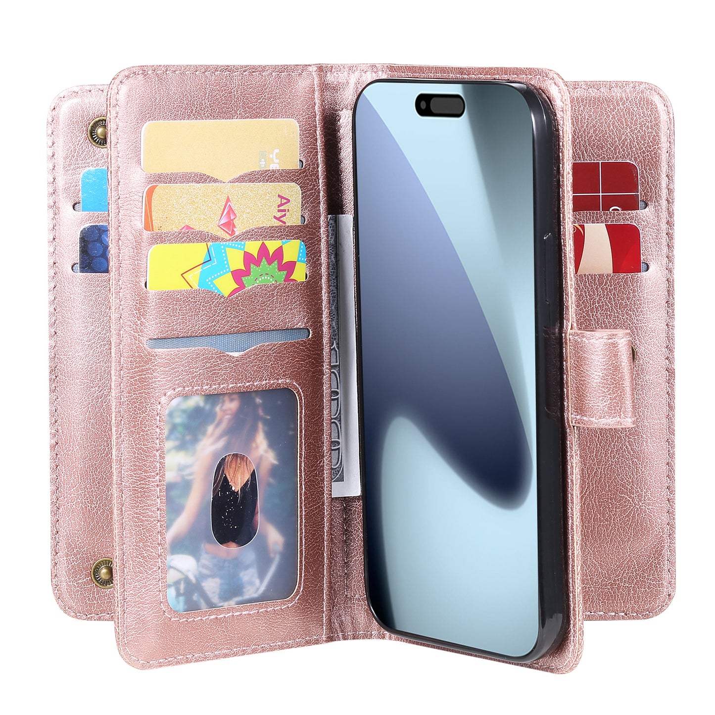 For iPhone 17 Pro Max Leather Case with 10 Card Holder Phone Cover Stand - Rose Gold