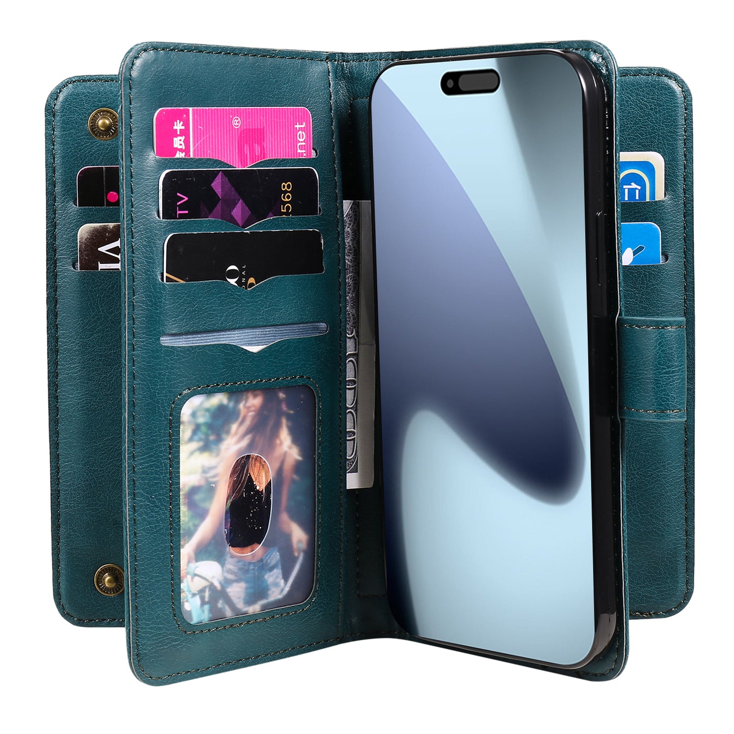 For iPhone 17 Pro Max Leather Case with 10 Card Holder Phone Cover Stand - Green