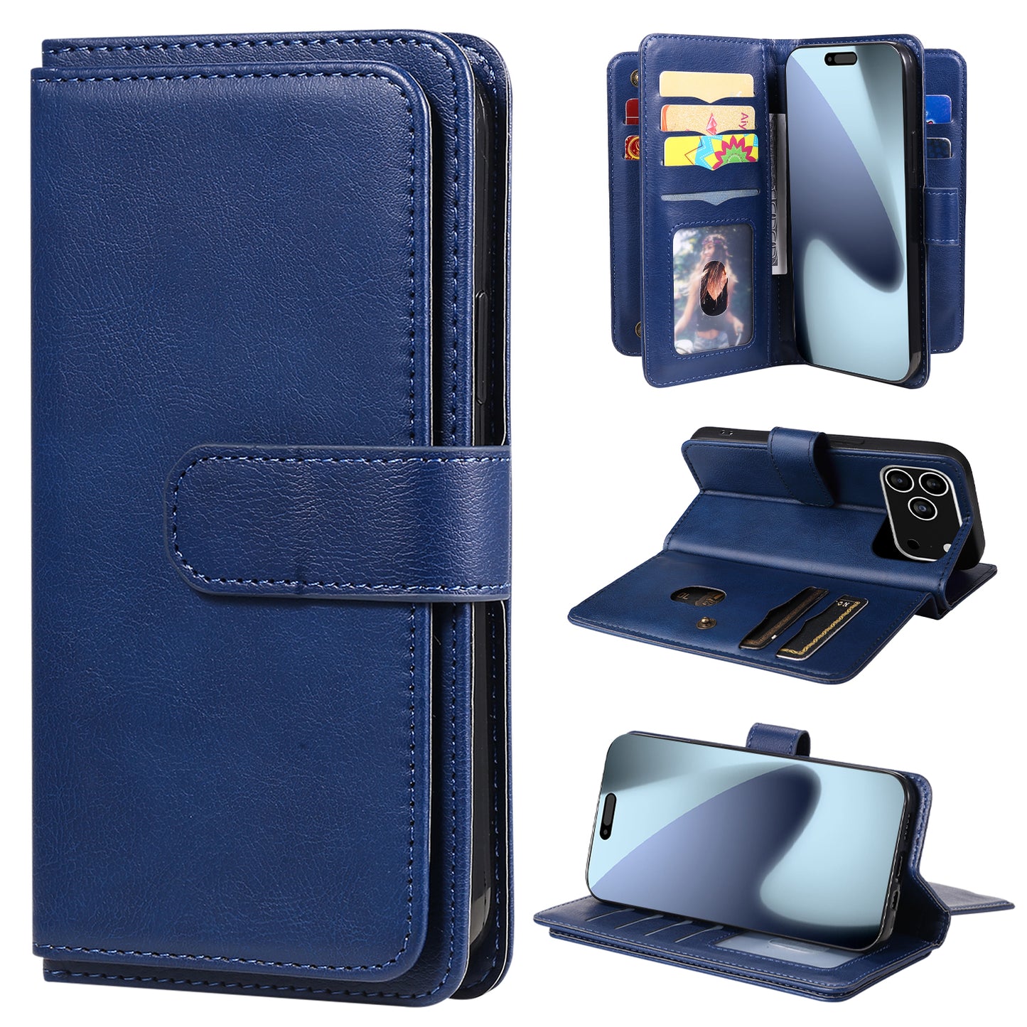 For iPhone 17 Pro Max Leather Case with 10 Card Holder Phone Cover Stand - Blue