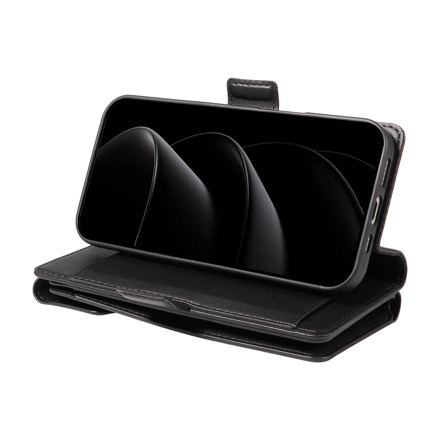 For iPhone 17 Pro Max Case with Multi-Card Holder and Strap PU Leather Phone Cover Stand - Black