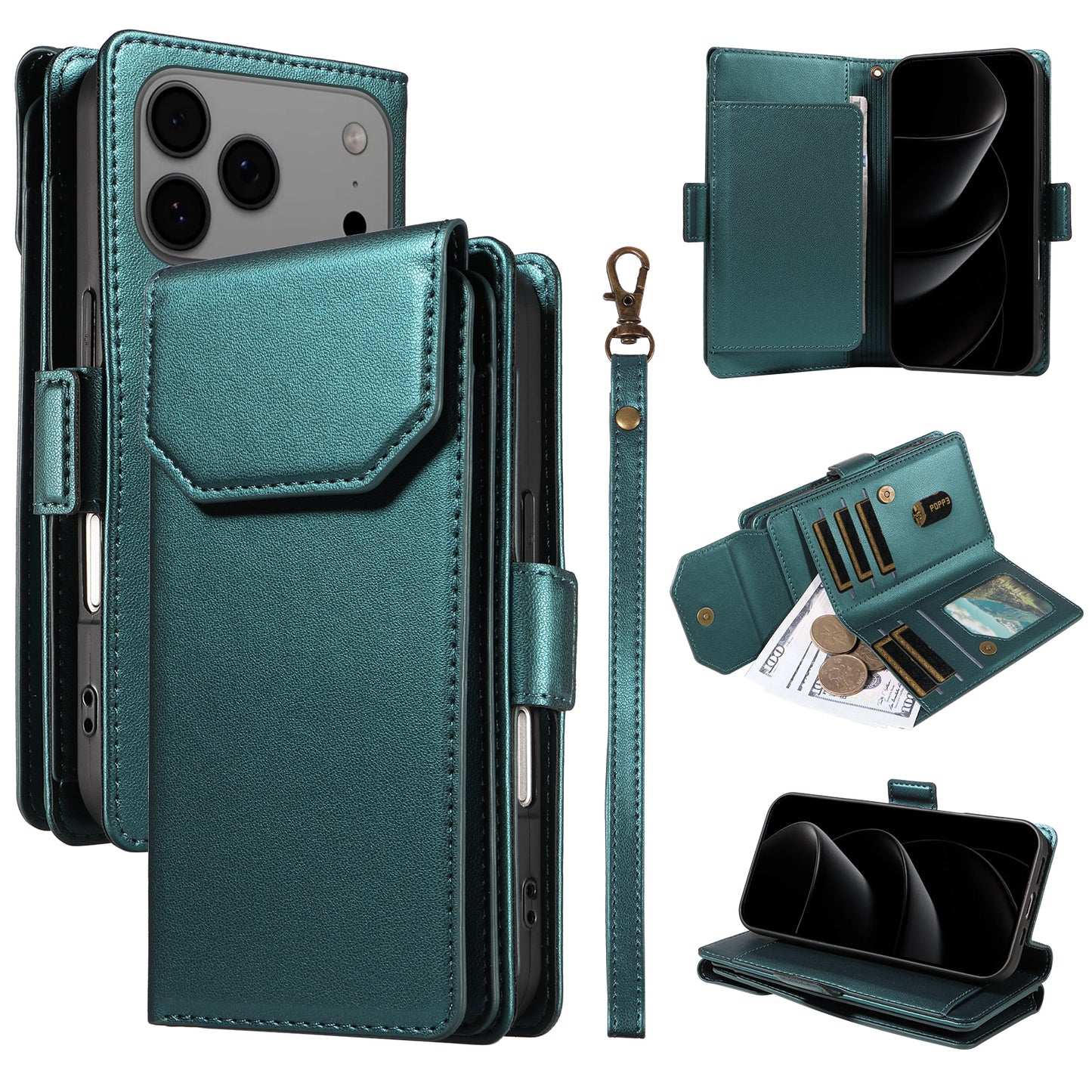 For iPhone 17 Pro Max Case with Multi-Card Holder and Strap PU Leather Phone Cover Stand - Green
