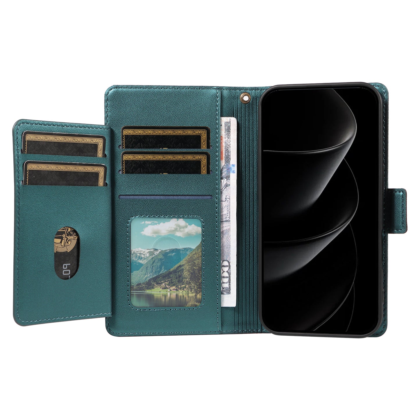 For iPhone 17 Pro Max Case with Multi-Card Holder and Strap PU Leather Phone Cover Stand - Green