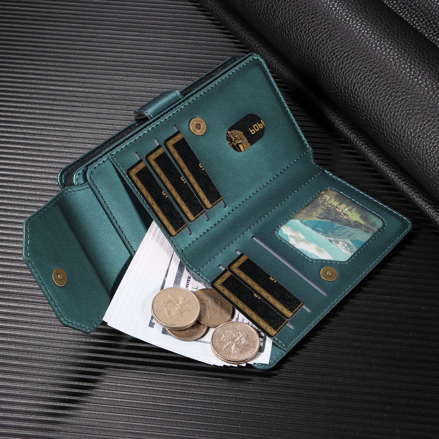 For iPhone 17 Pro Max Case with Multi-Card Holder and Strap PU Leather Phone Cover Stand - Green