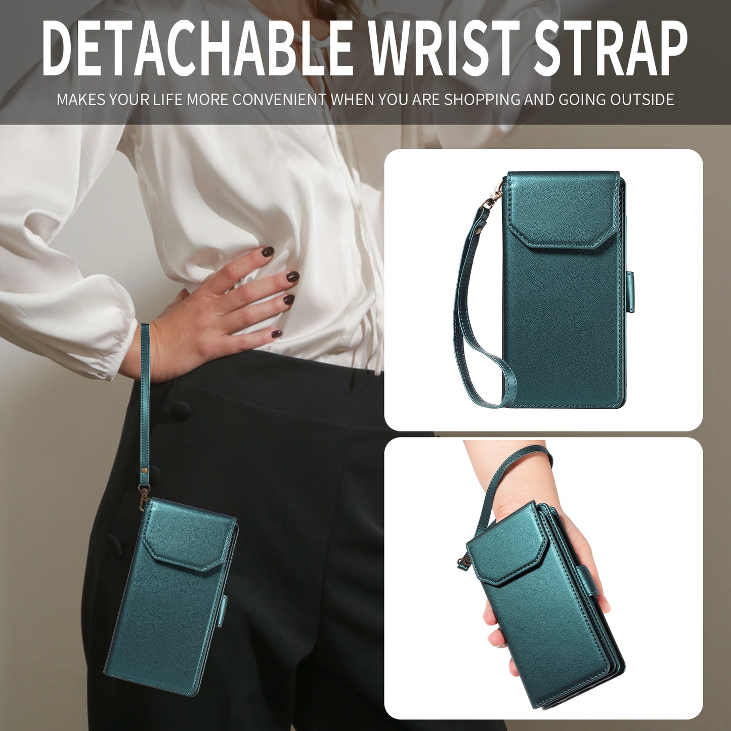 For iPhone 17 Pro Max Case with Multi-Card Holder and Strap PU Leather Phone Cover Stand - Green