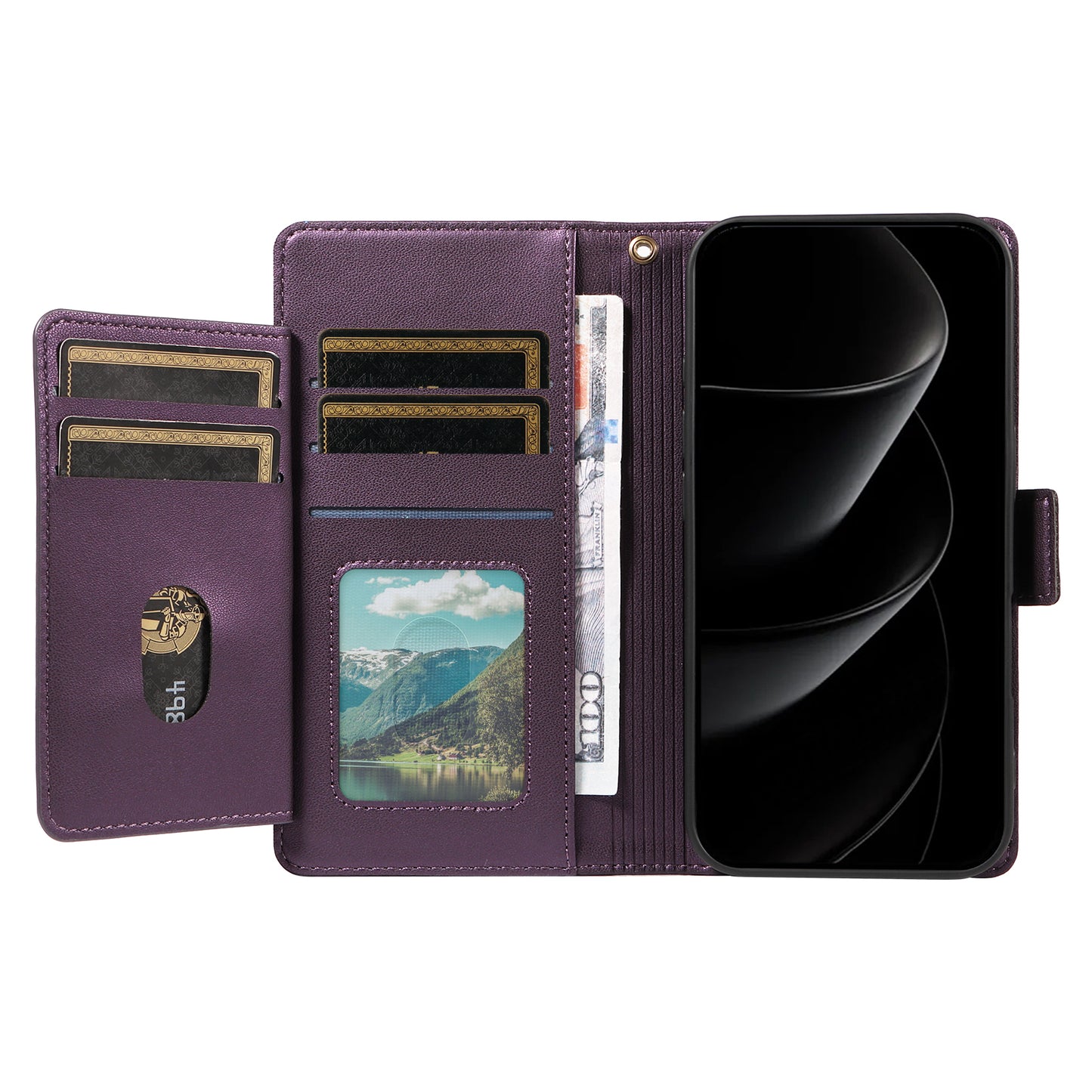 For iPhone 17 Pro Max Case with Multi-Card Holder and Strap PU Leather Phone Cover Stand - Purple
