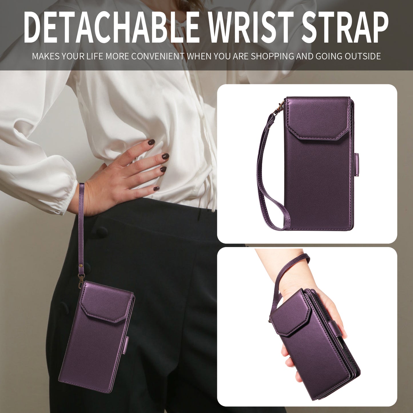 For iPhone 17 Pro Max Case with Multi-Card Holder and Strap PU Leather Phone Cover Stand - Purple