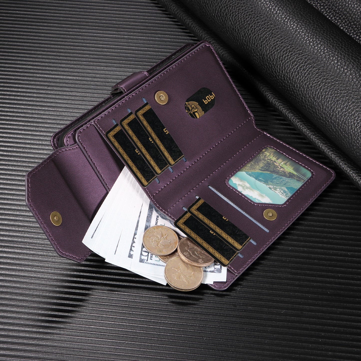 For iPhone 17 Pro Max Case with Multi-Card Holder and Strap PU Leather Phone Cover Stand - Purple