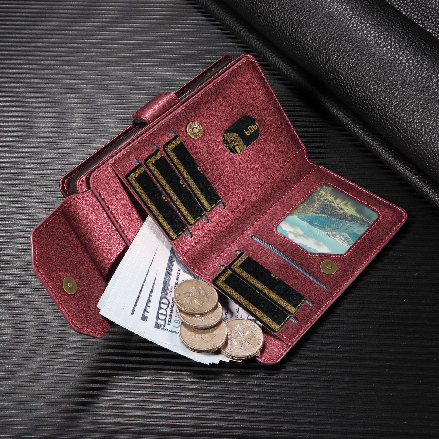 For iPhone 17 Pro Max Case with Multi-Card Holder and Strap PU Leather Phone Cover Stand - Red