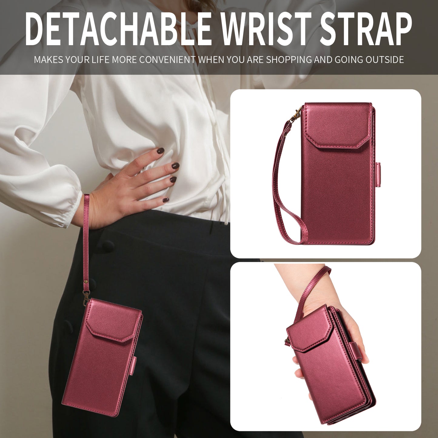 For iPhone 17 Pro Max Case with Multi-Card Holder and Strap PU Leather Phone Cover Stand - Red