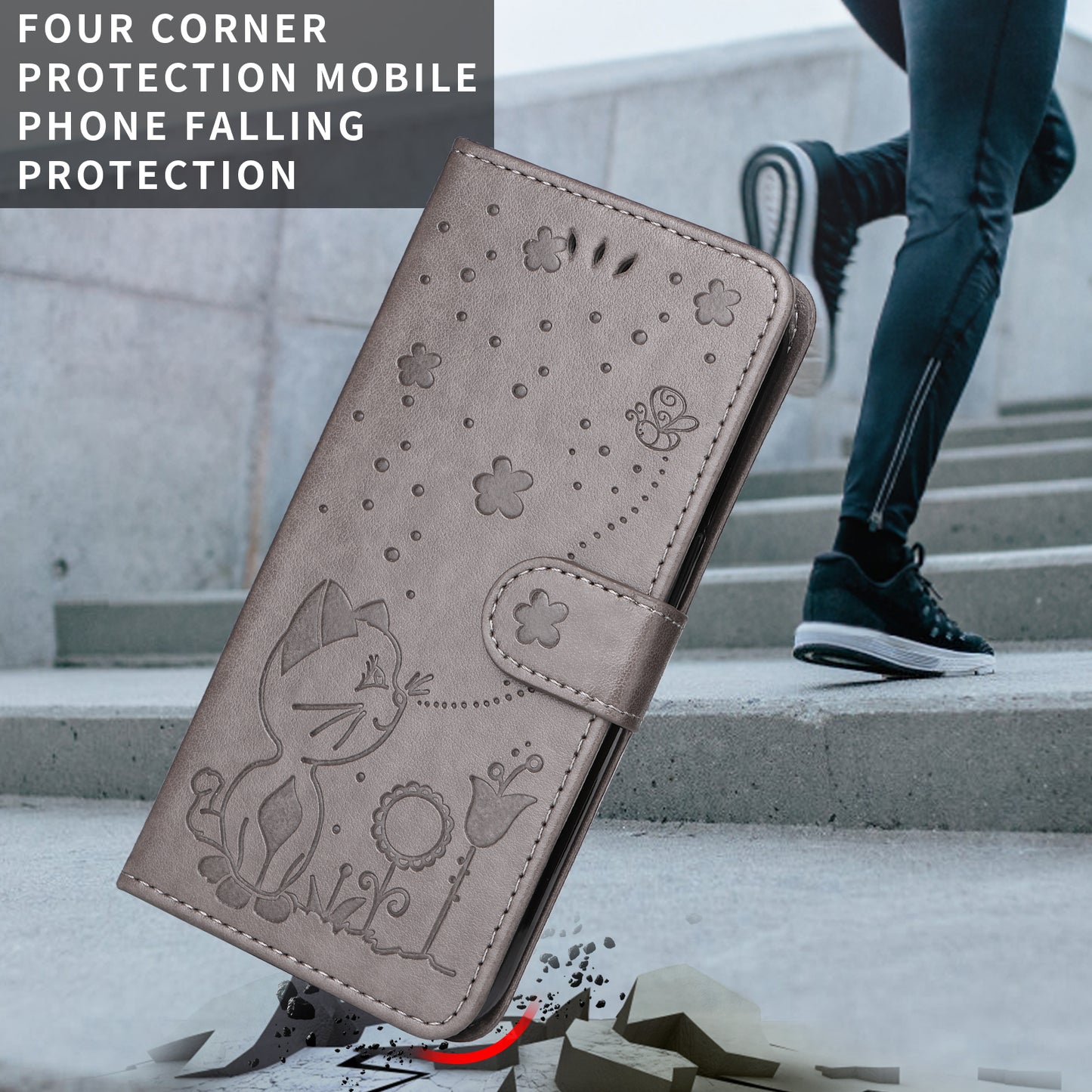 For iPhone 17 Pro Max Leather Wallet Case Cat Bee Pattern Phone Cover Stand - Grey