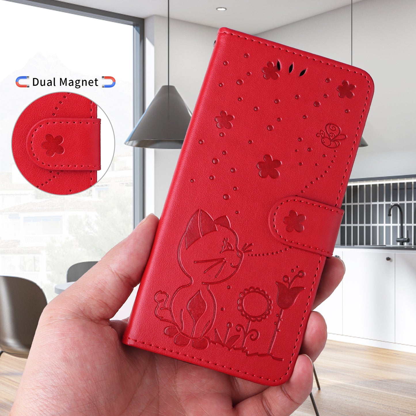 For iPhone 17 Pro Max Leather Wallet Case Cat Bee Pattern Phone Cover Stand - Red
