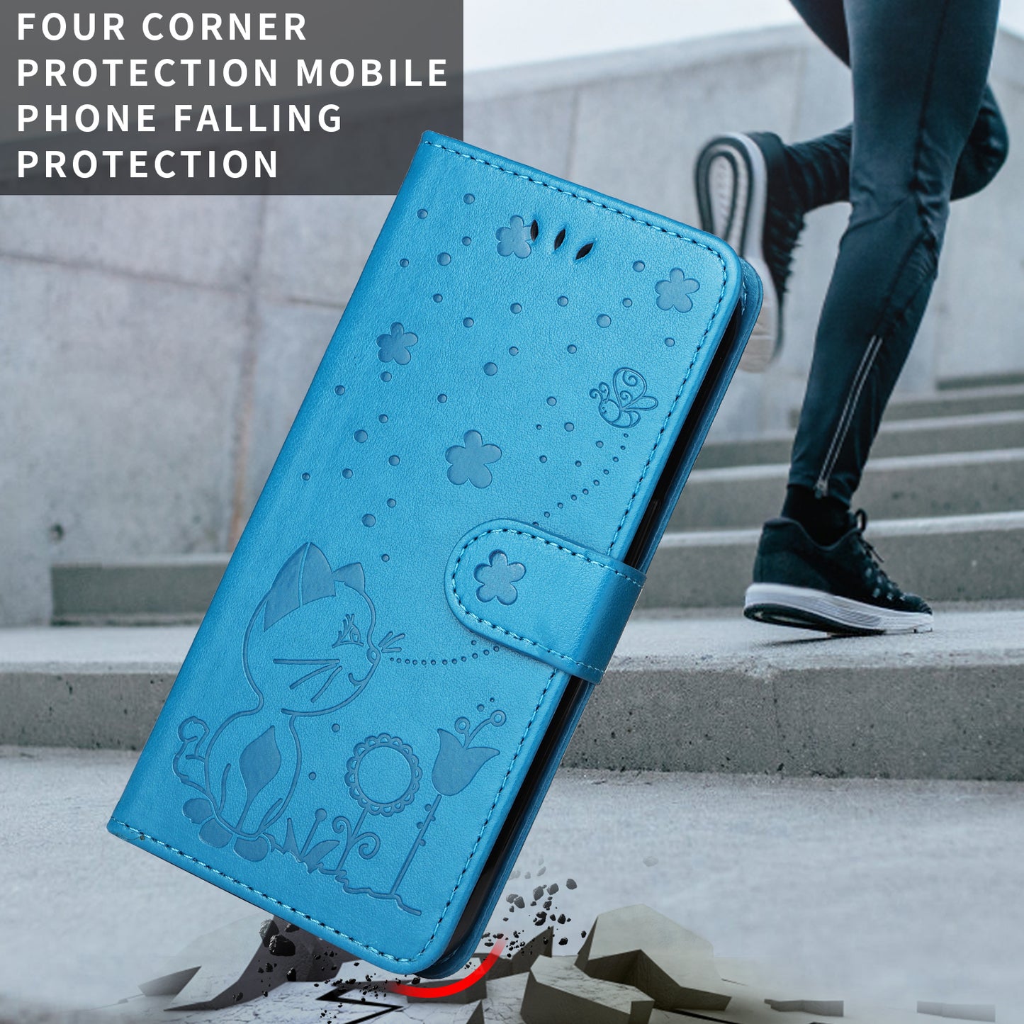 For iPhone 17 Pro Max Leather Wallet Case Cat Bee Pattern Phone Cover Stand - Blue