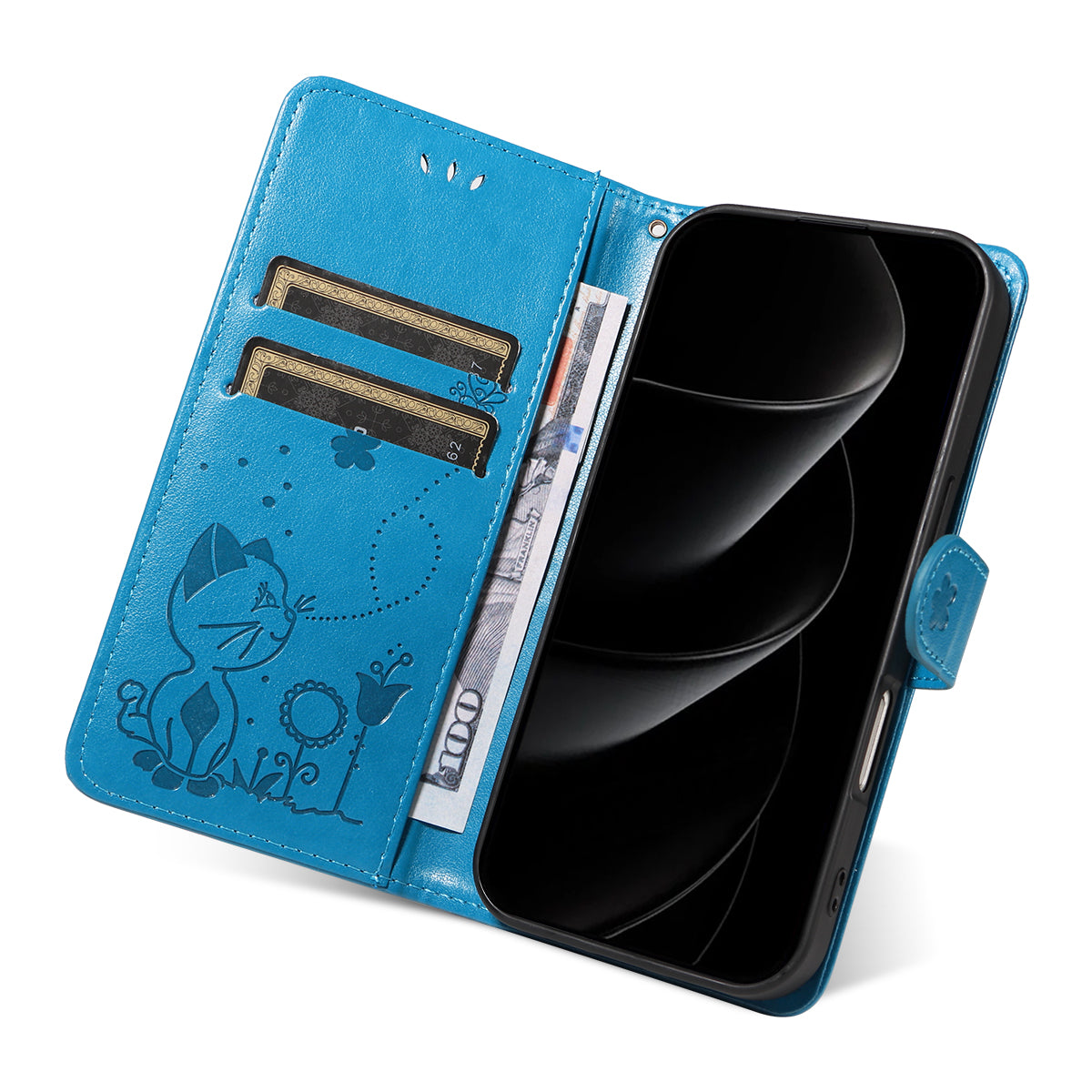 For iPhone 17 Pro Max Leather Wallet Case Cat Bee Pattern Phone Cover Stand - Blue