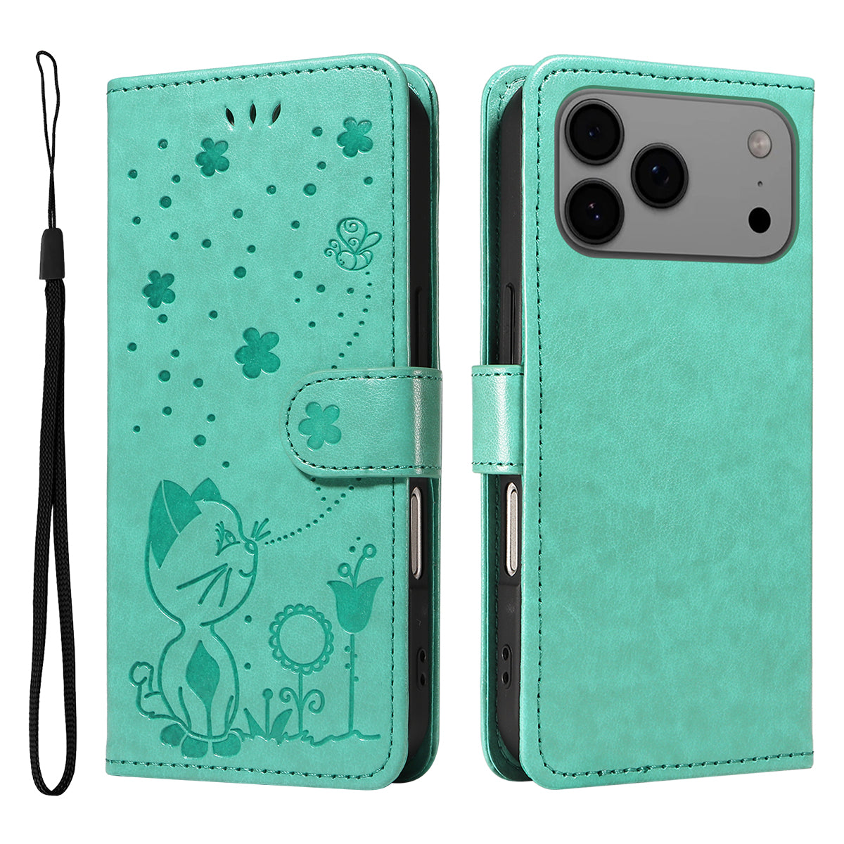 For iPhone 17 Pro Max Leather Wallet Case Cat Bee Pattern Phone Cover Stand - Green