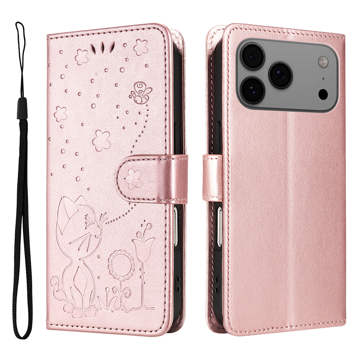 For iPhone 17 Pro Max Leather Wallet Case Cat Bee Pattern Phone Cover Stand - Rose Gold