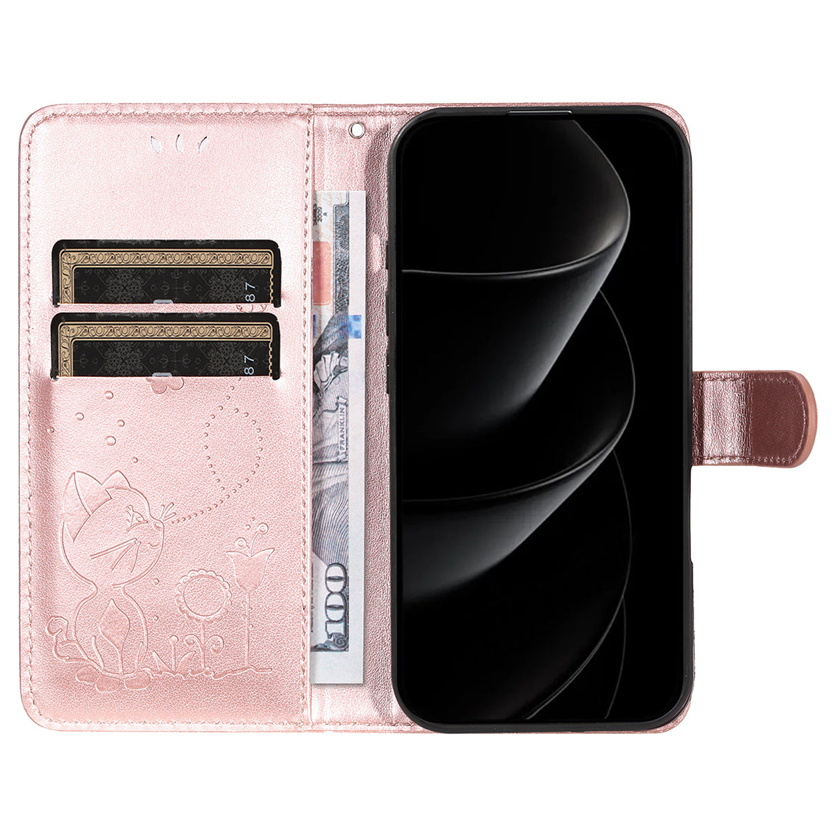 For iPhone 17 Pro Max Leather Wallet Case Cat Bee Pattern Phone Cover Stand - Rose Gold
