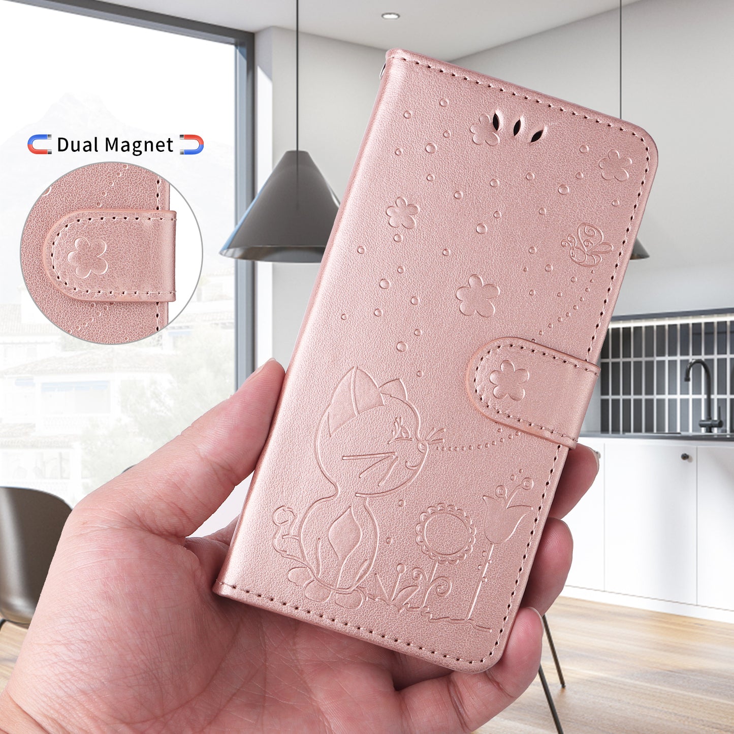 For iPhone 17 Pro Max Leather Wallet Case Cat Bee Pattern Phone Cover Stand - Rose Gold