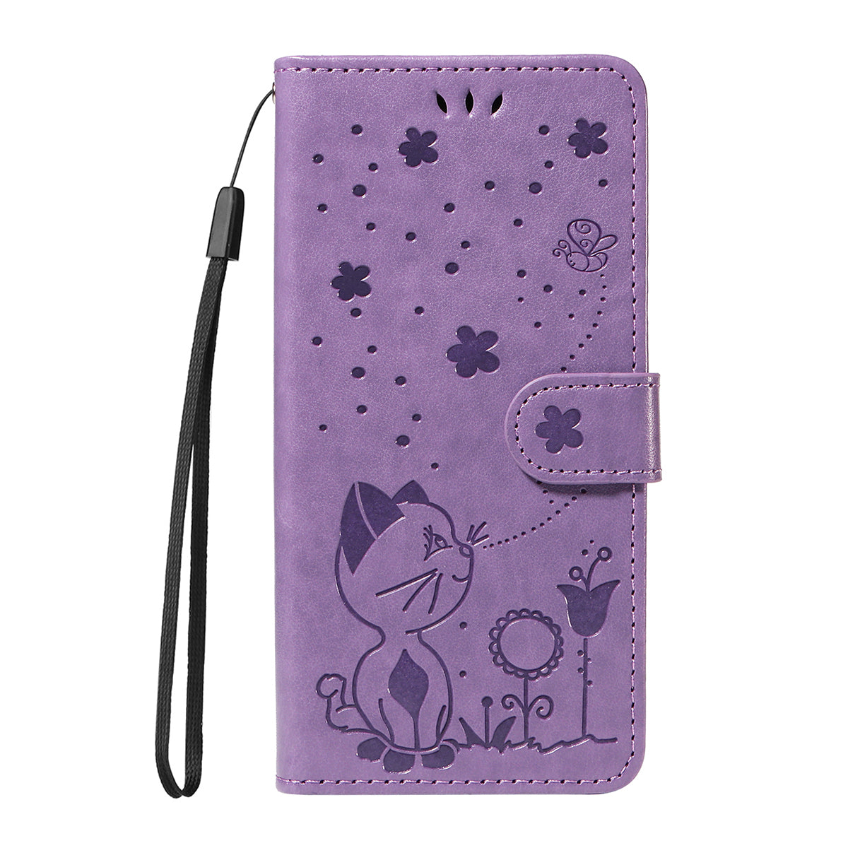 For iPhone 17 Pro Max Leather Wallet Case Cat Bee Pattern Phone Cover Stand - Purple