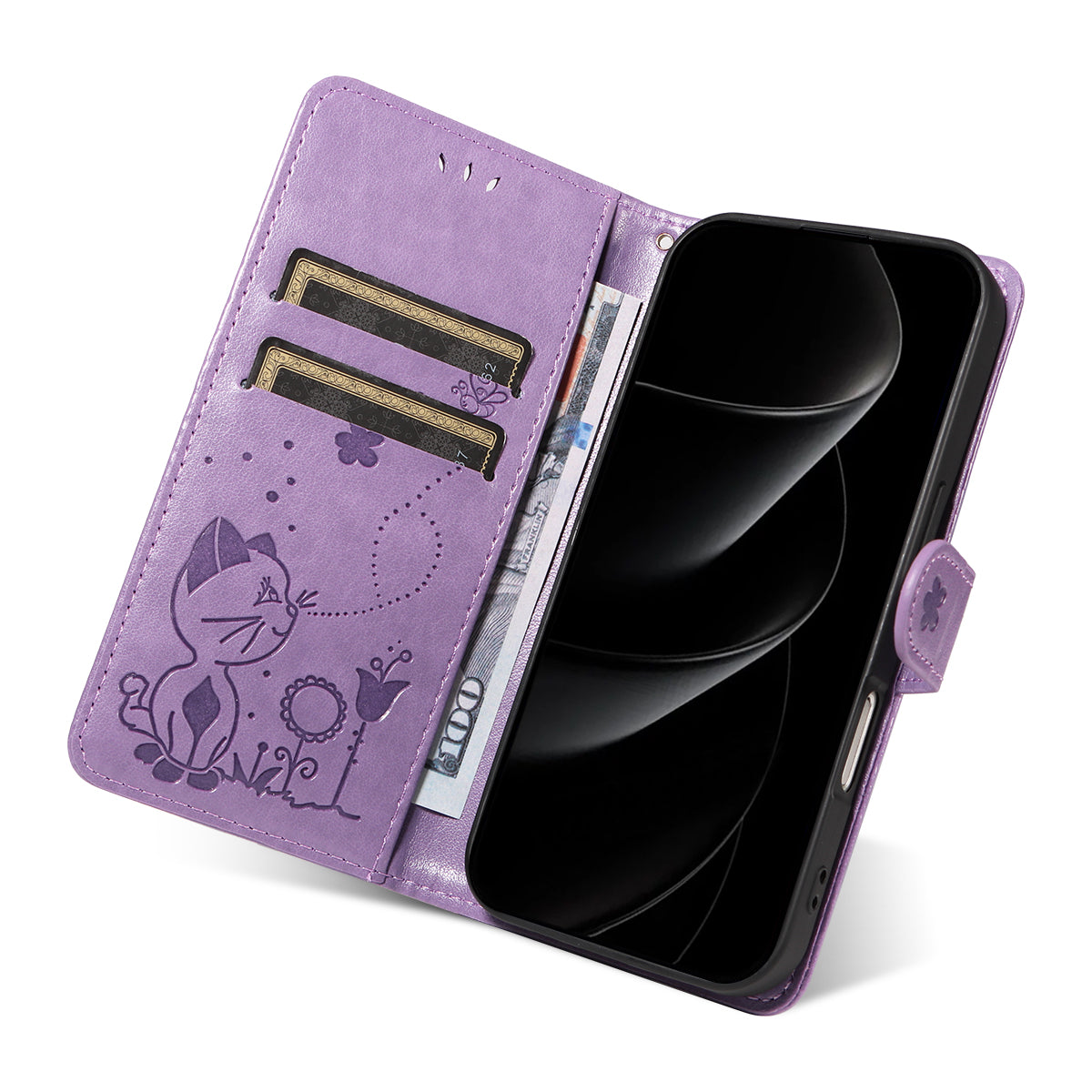 For iPhone 17 Pro Max Leather Wallet Case Cat Bee Pattern Phone Cover Stand - Purple
