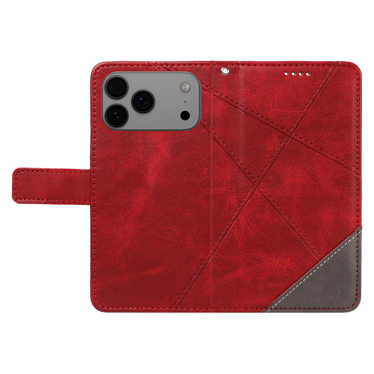 For iPhone 17 Pro Max Leather Case Geometric Line Design Wallet Phone Cover with Wrist Strap - Red