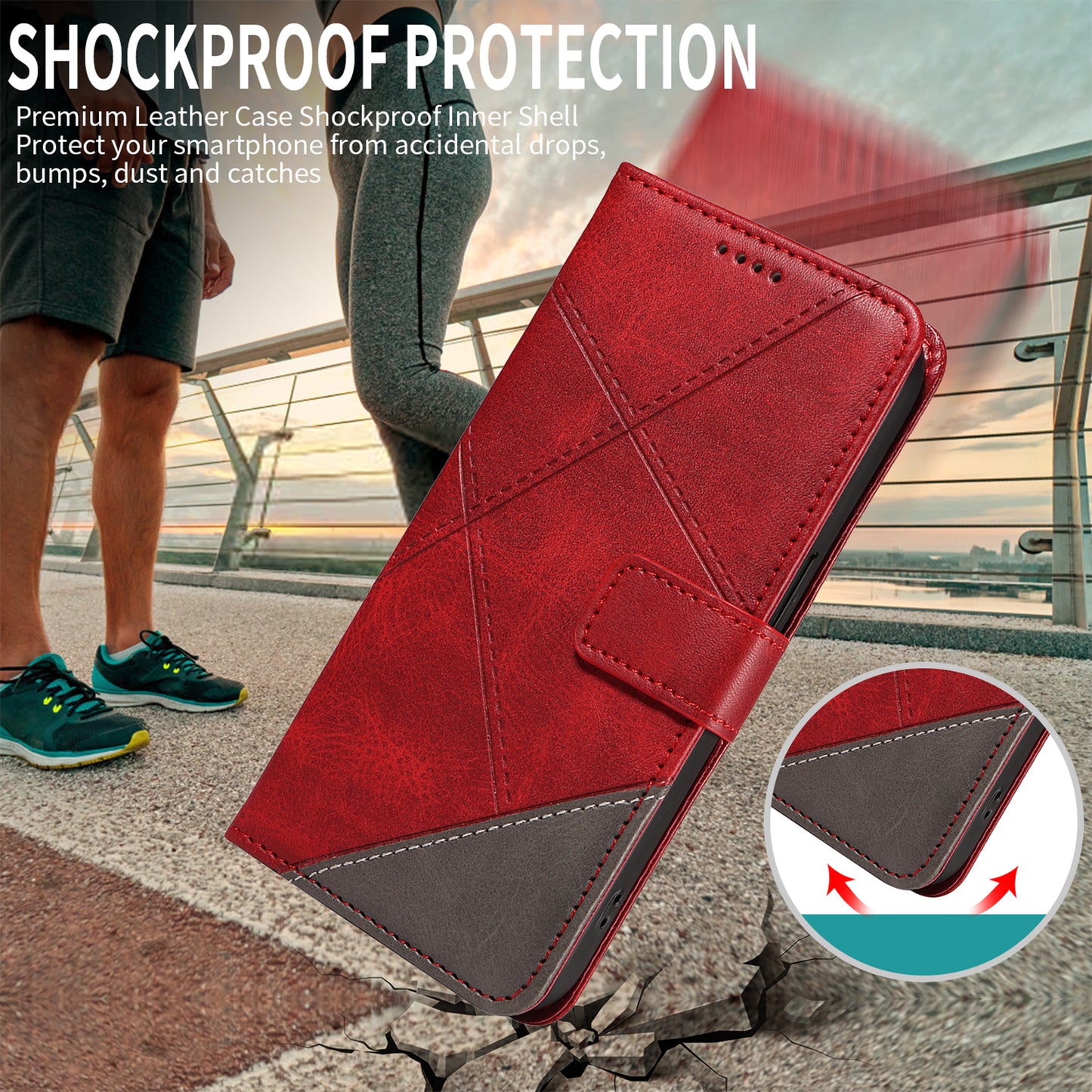 For iPhone 17 Pro Max Leather Case Geometric Line Design Wallet Phone Cover with Wrist Strap - Red