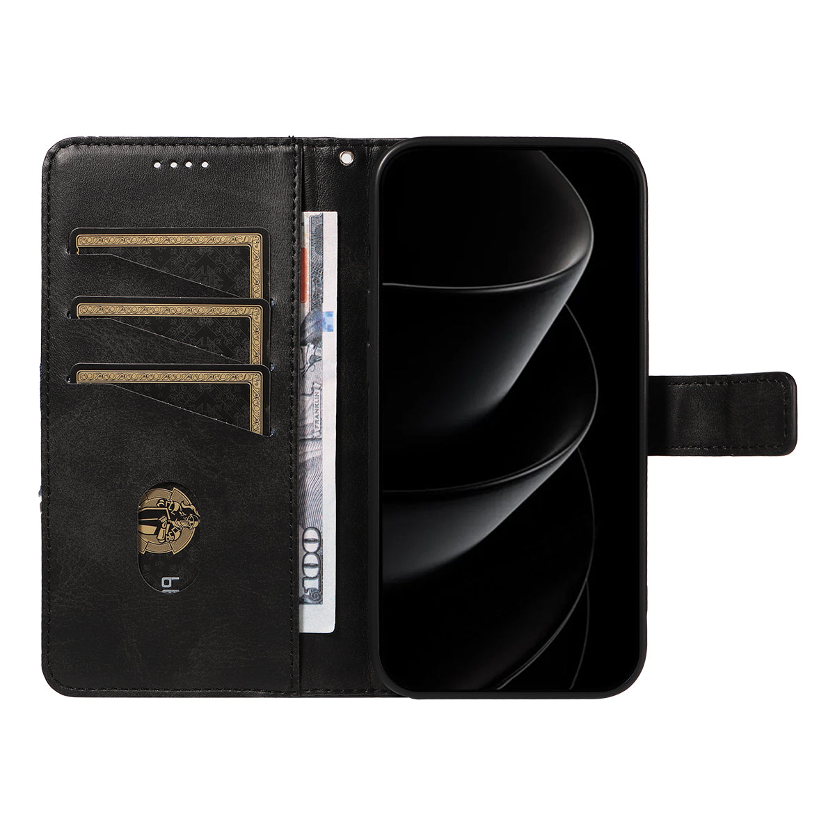 For iPhone 17 Pro Max Leather Case Geometric Line Design Wallet Phone Cover with Wrist Strap - Black