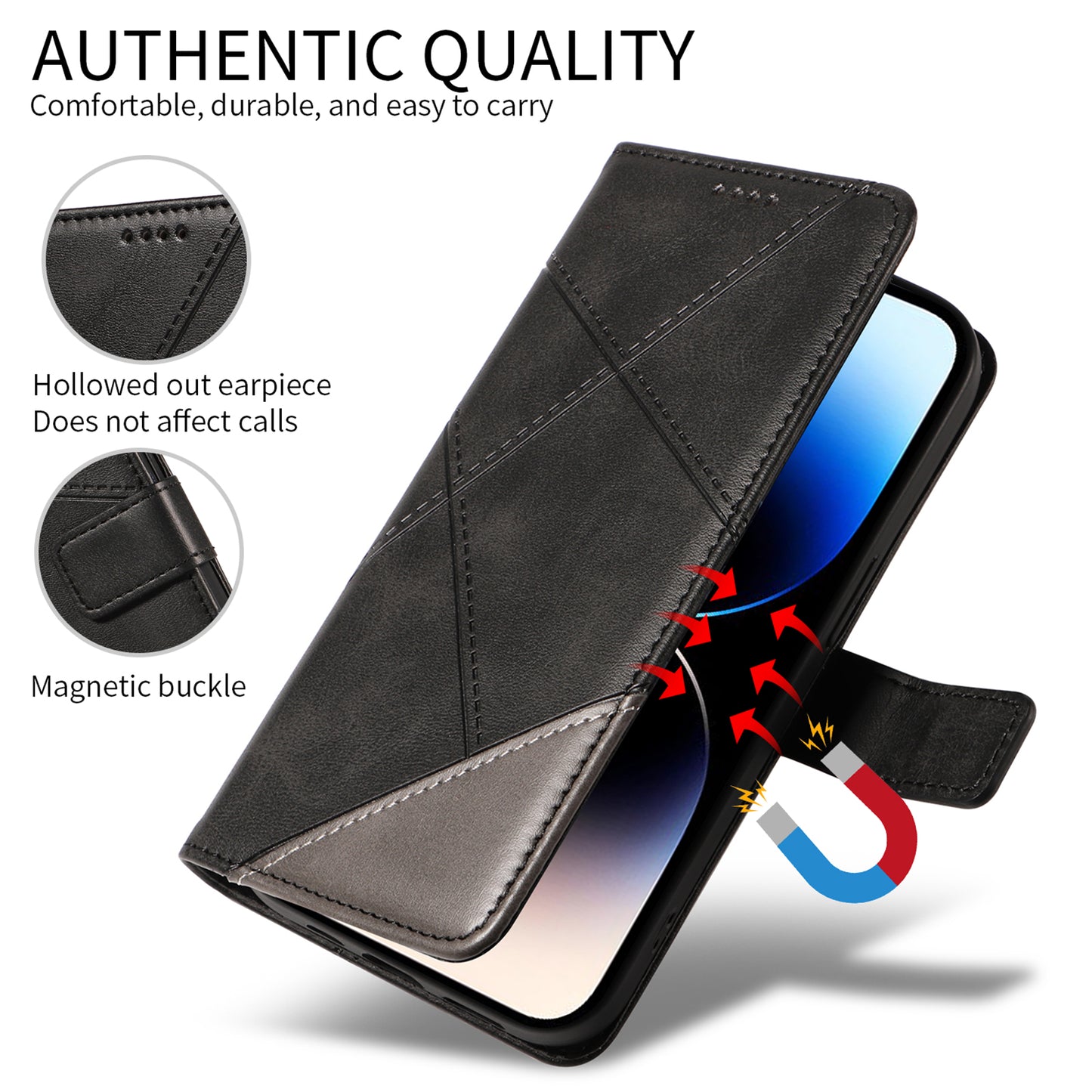 For iPhone 17 Pro Max Leather Case Geometric Line Design Wallet Phone Cover with Wrist Strap - Black