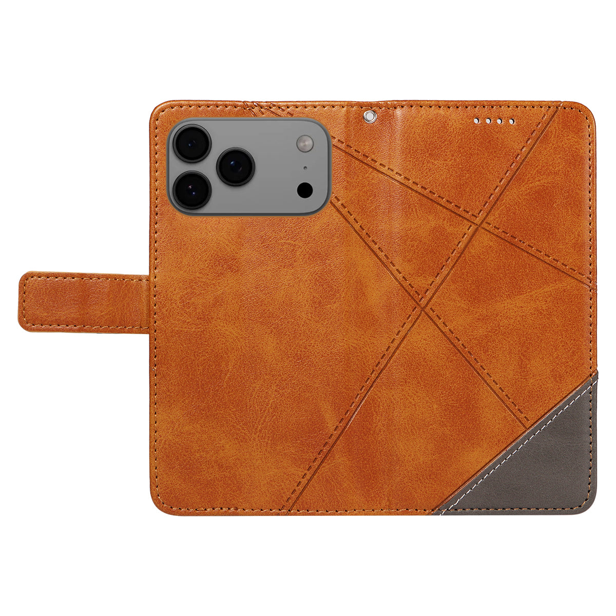 For iPhone 17 Pro Max Leather Case Geometric Line Design Wallet Phone Cover with Wrist Strap - Brown