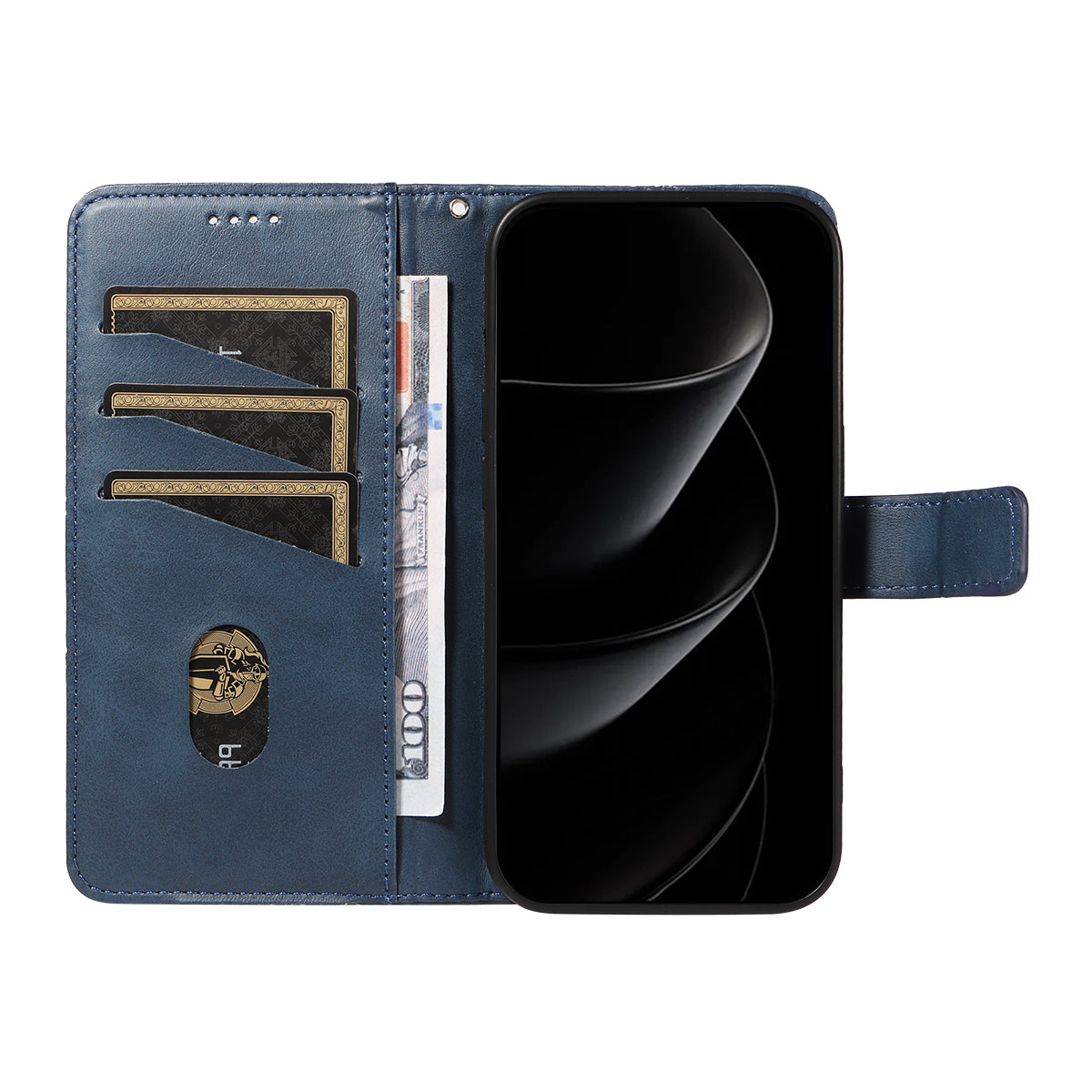 For iPhone 17 Pro Max Leather Case Geometric Line Design Wallet Phone Cover with Wrist Strap - Blue