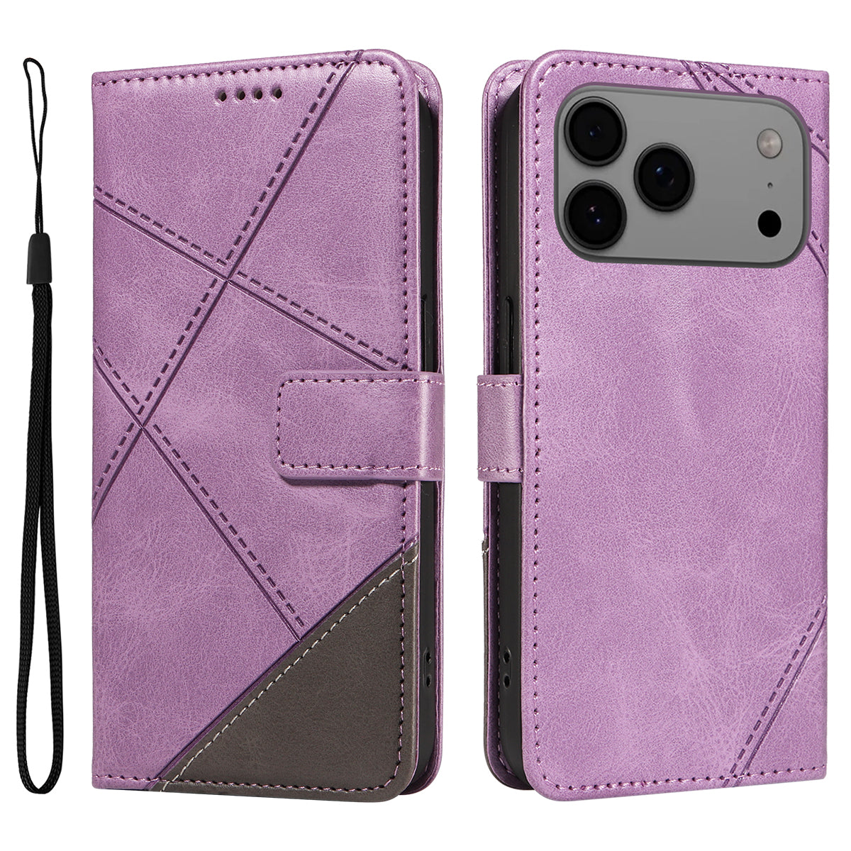 For iPhone 17 Pro Max Leather Case Geometric Line Design Wallet Phone Cover with Wrist Strap - Purple
