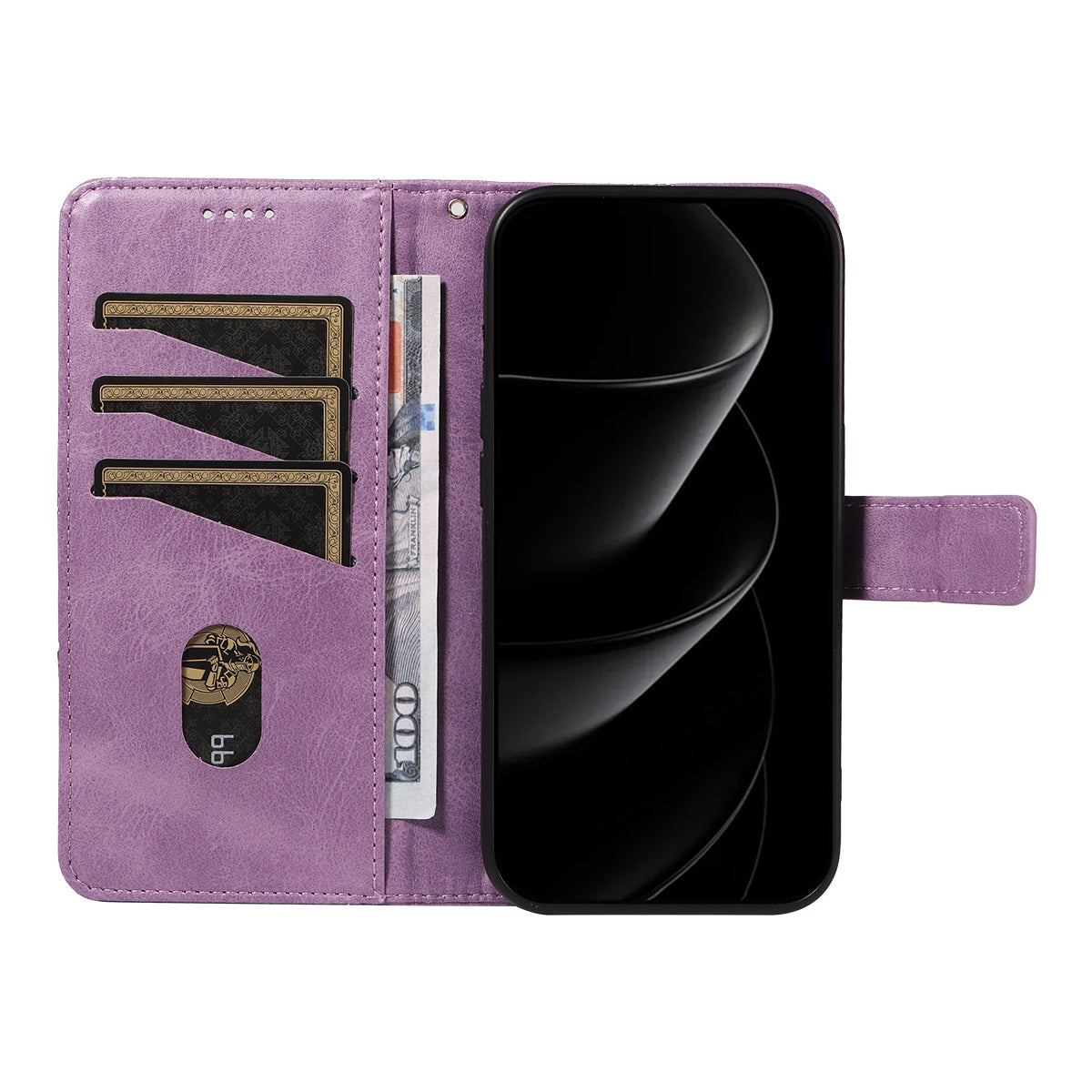 For iPhone 17 Pro Max Leather Case Geometric Line Design Wallet Phone Cover with Wrist Strap - Purple