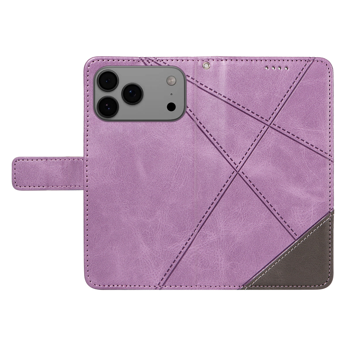 For iPhone 17 Pro Max Leather Case Geometric Line Design Wallet Phone Cover with Wrist Strap - Purple