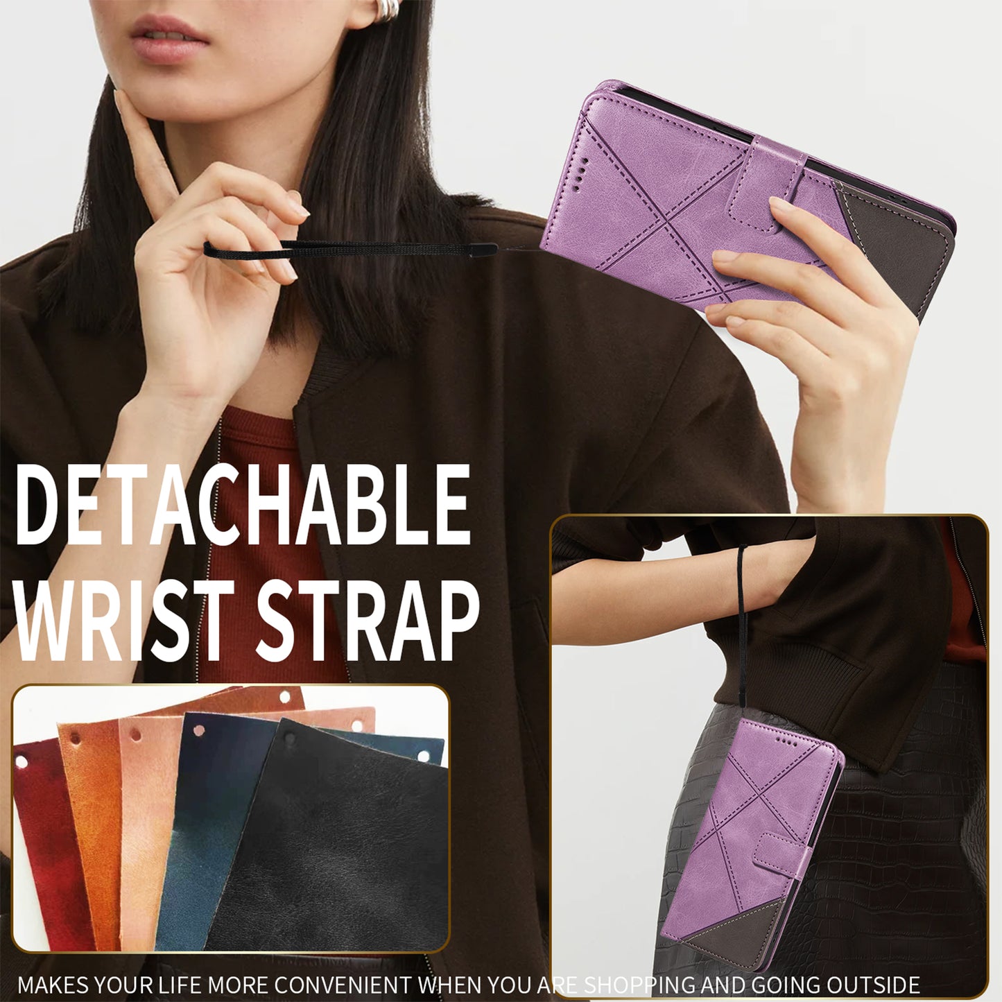 For iPhone 17 Pro Max Leather Case Geometric Line Design Wallet Phone Cover with Wrist Strap - Purple