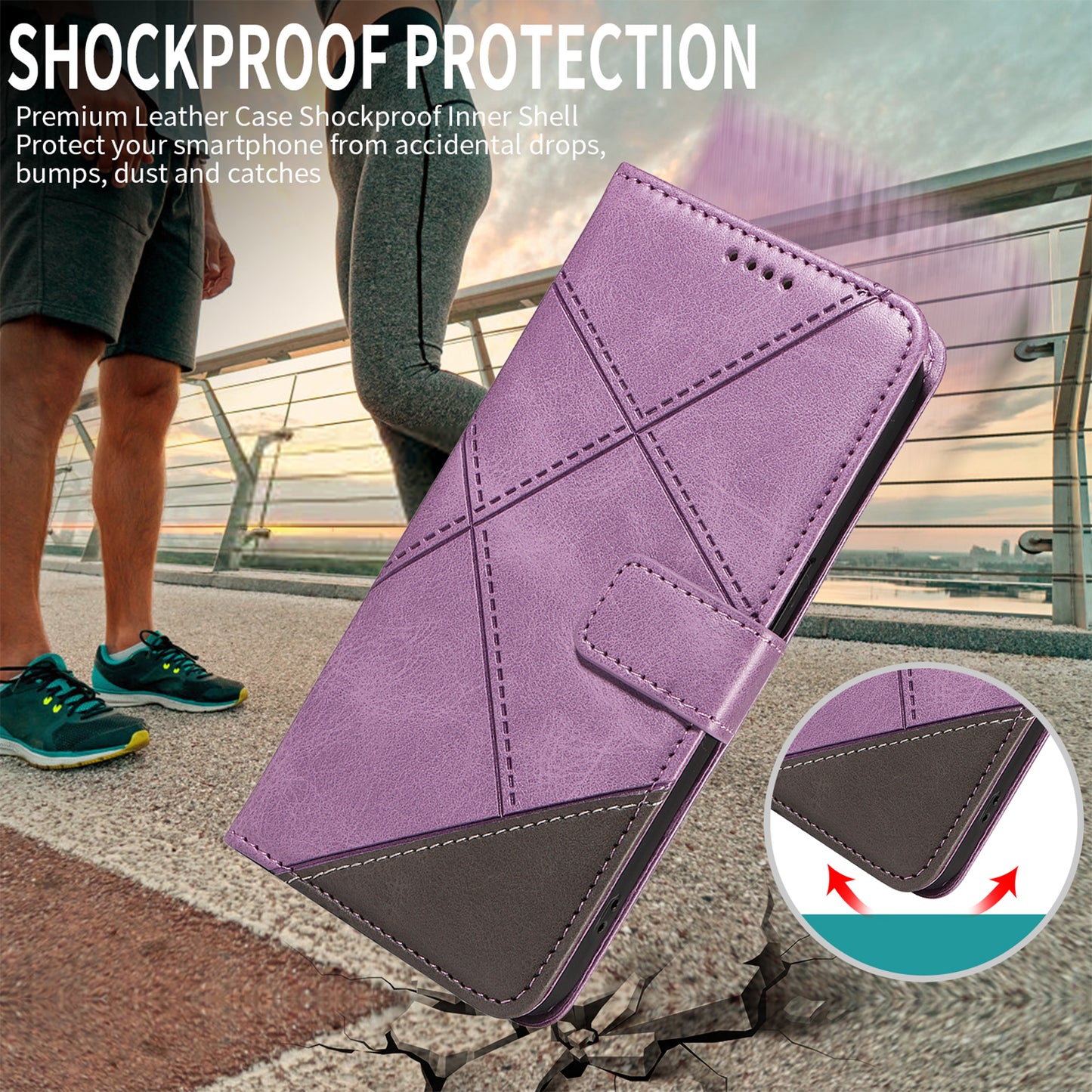 For iPhone 17 Pro Max Leather Case Geometric Line Design Wallet Phone Cover with Wrist Strap - Purple