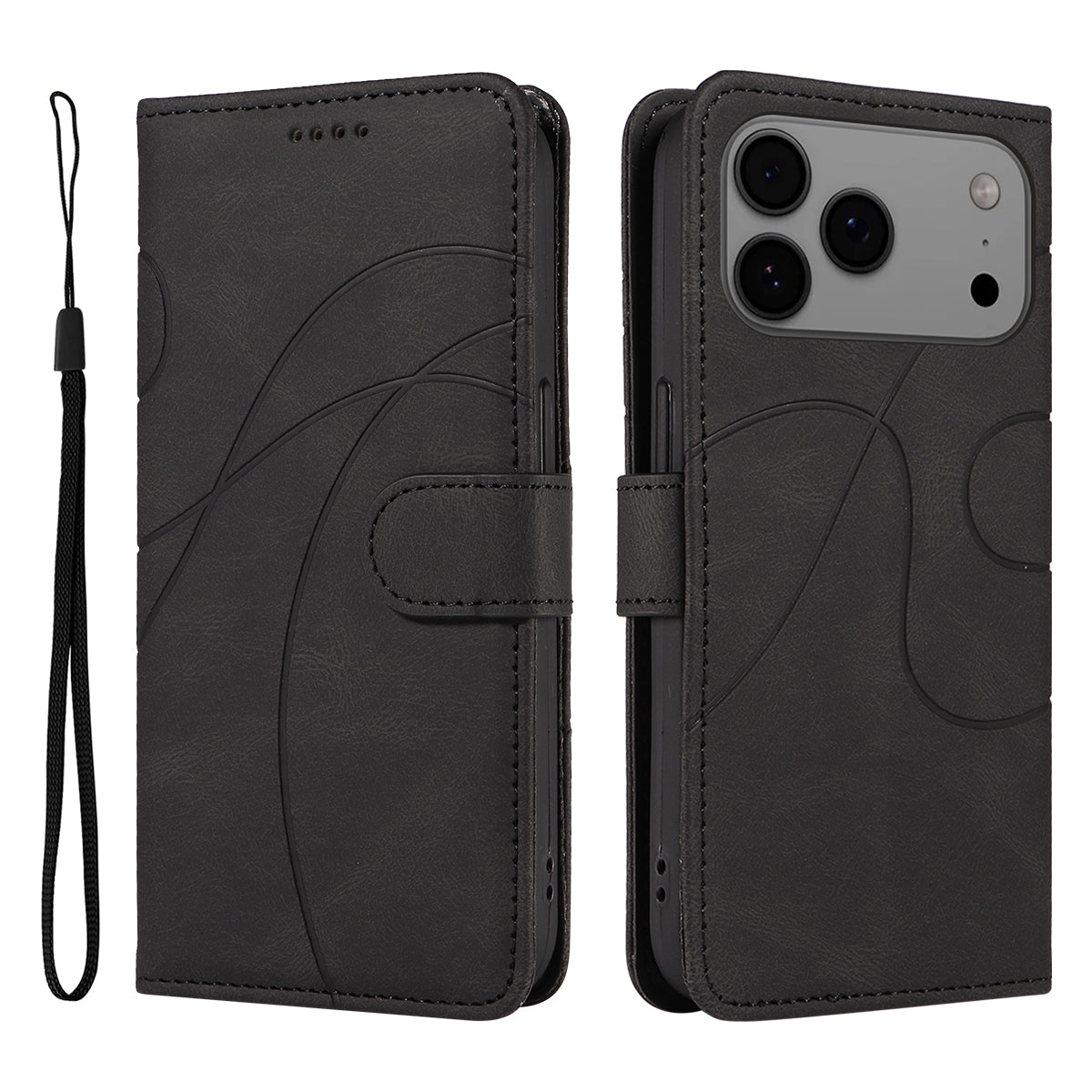 For iPhone 17 Pro Max Wallet Case Leather Phone Cover Stand with Curved Line Design -  Black