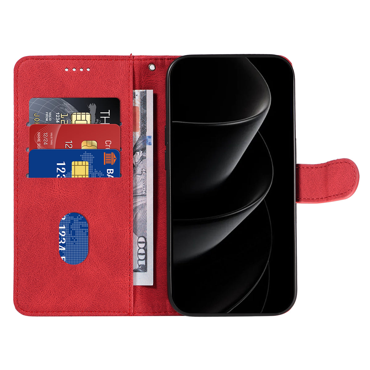 For iPhone 17 Pro Max Wallet Case Leather Phone Cover Stand with Curved Line Design - Red