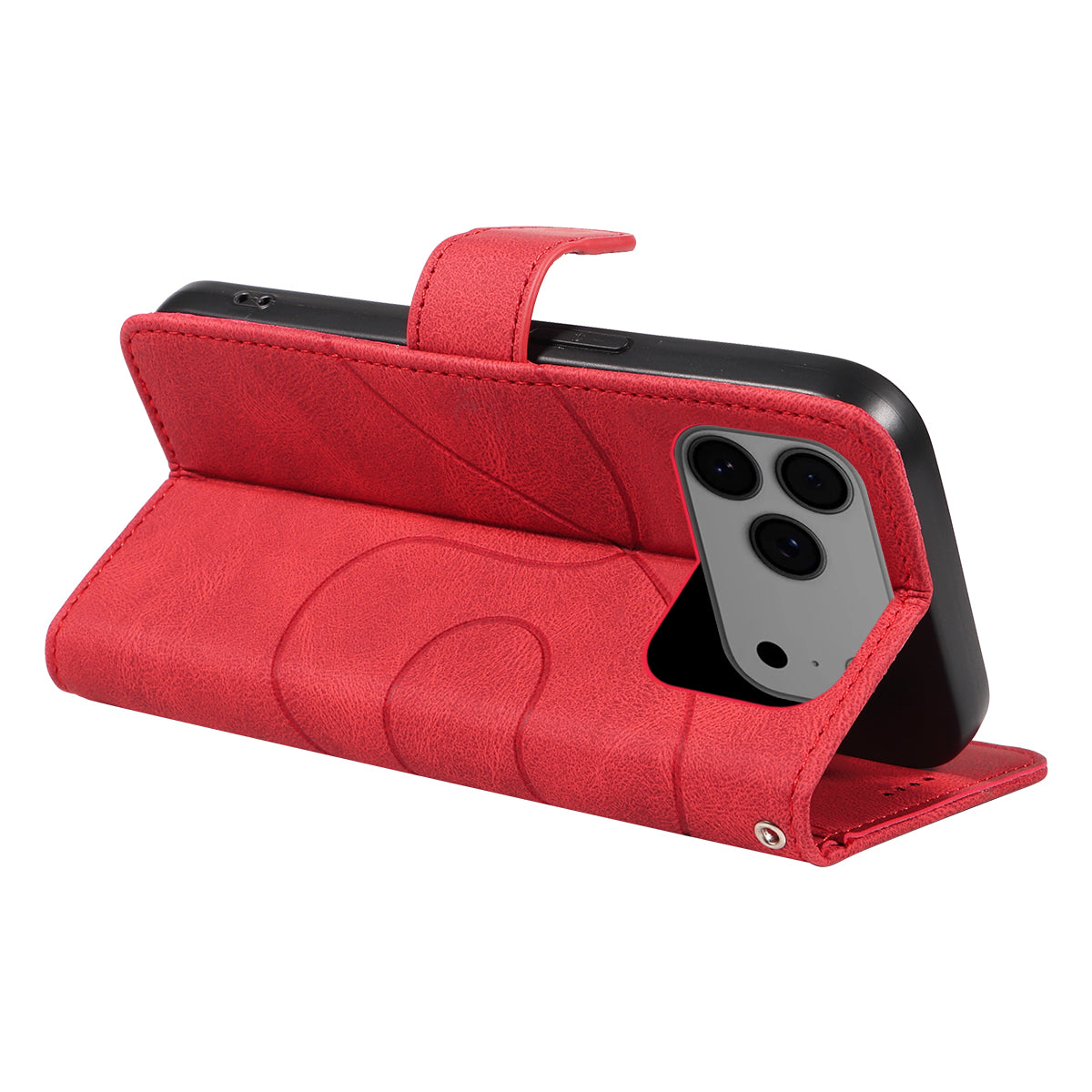 For iPhone 17 Pro Max Wallet Case Leather Phone Cover Stand with Curved Line Design - Red