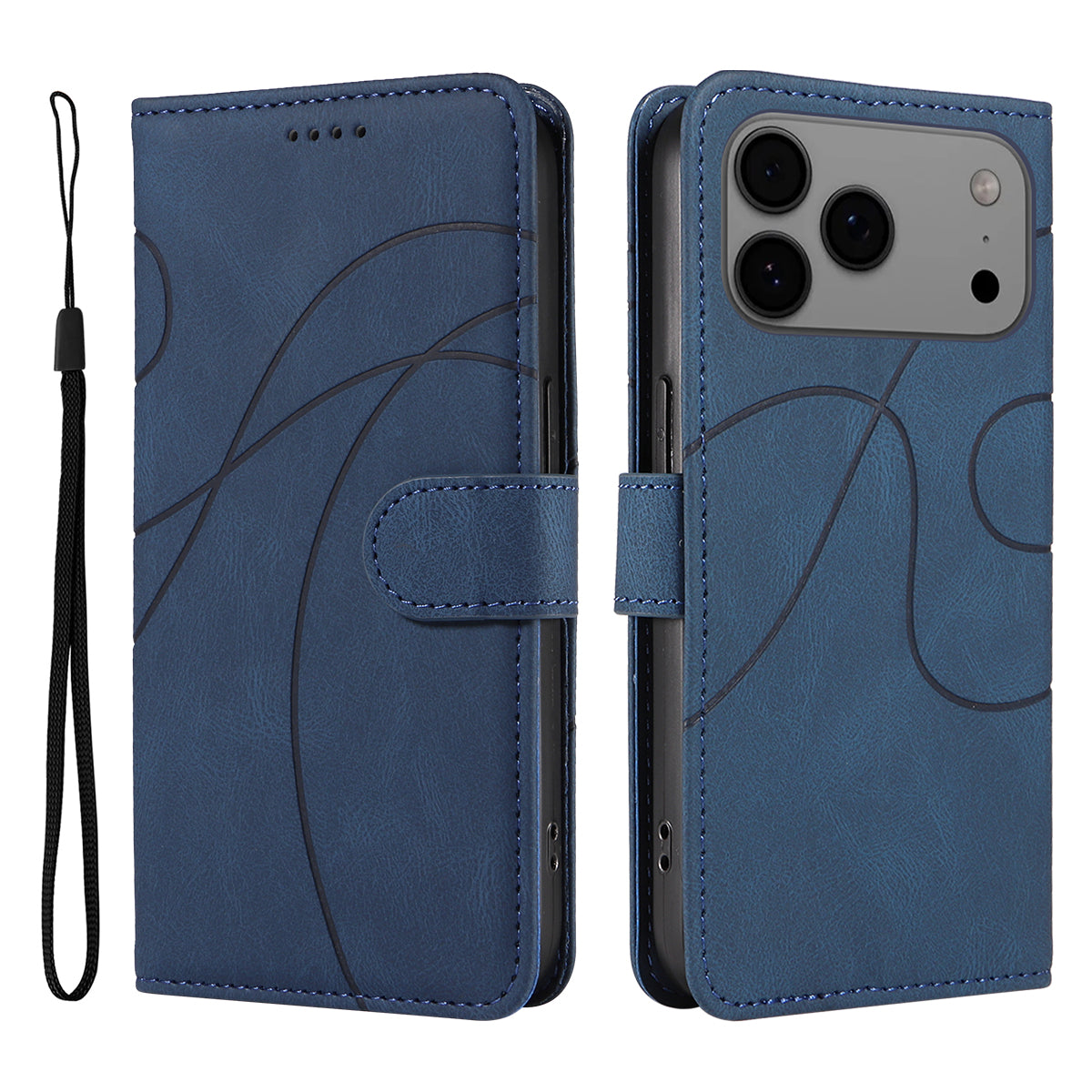 For iPhone 17 Pro Max Wallet Case Leather Phone Cover Stand with Curved Line Design - Blue