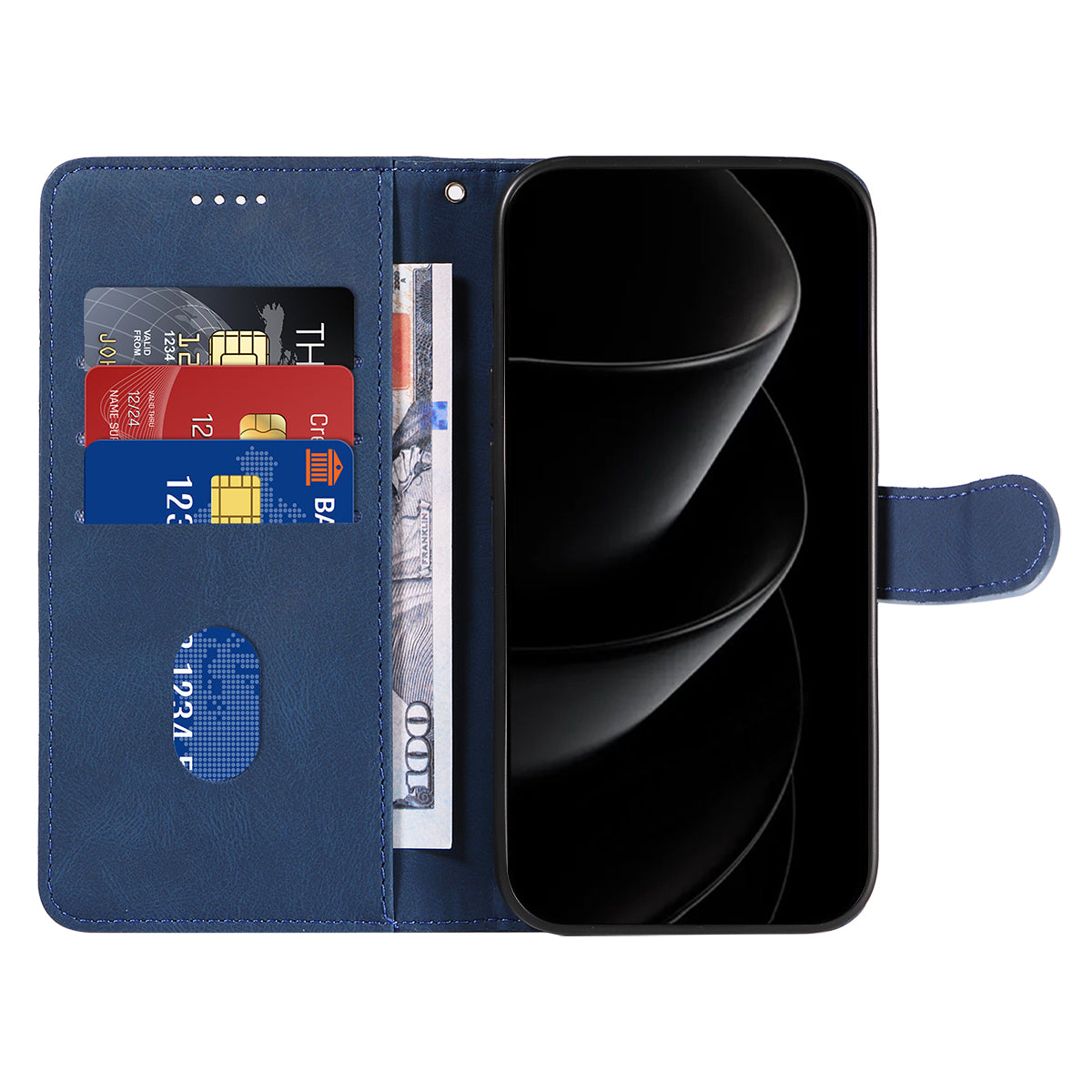 For iPhone 17 Pro Max Wallet Case Leather Phone Cover Stand with Curved Line Design - Blue