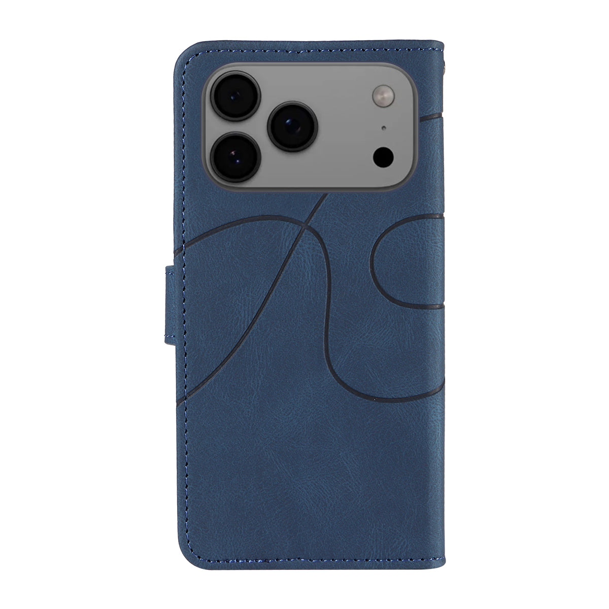 For iPhone 17 Pro Max Wallet Case Leather Phone Cover Stand with Curved Line Design - Blue