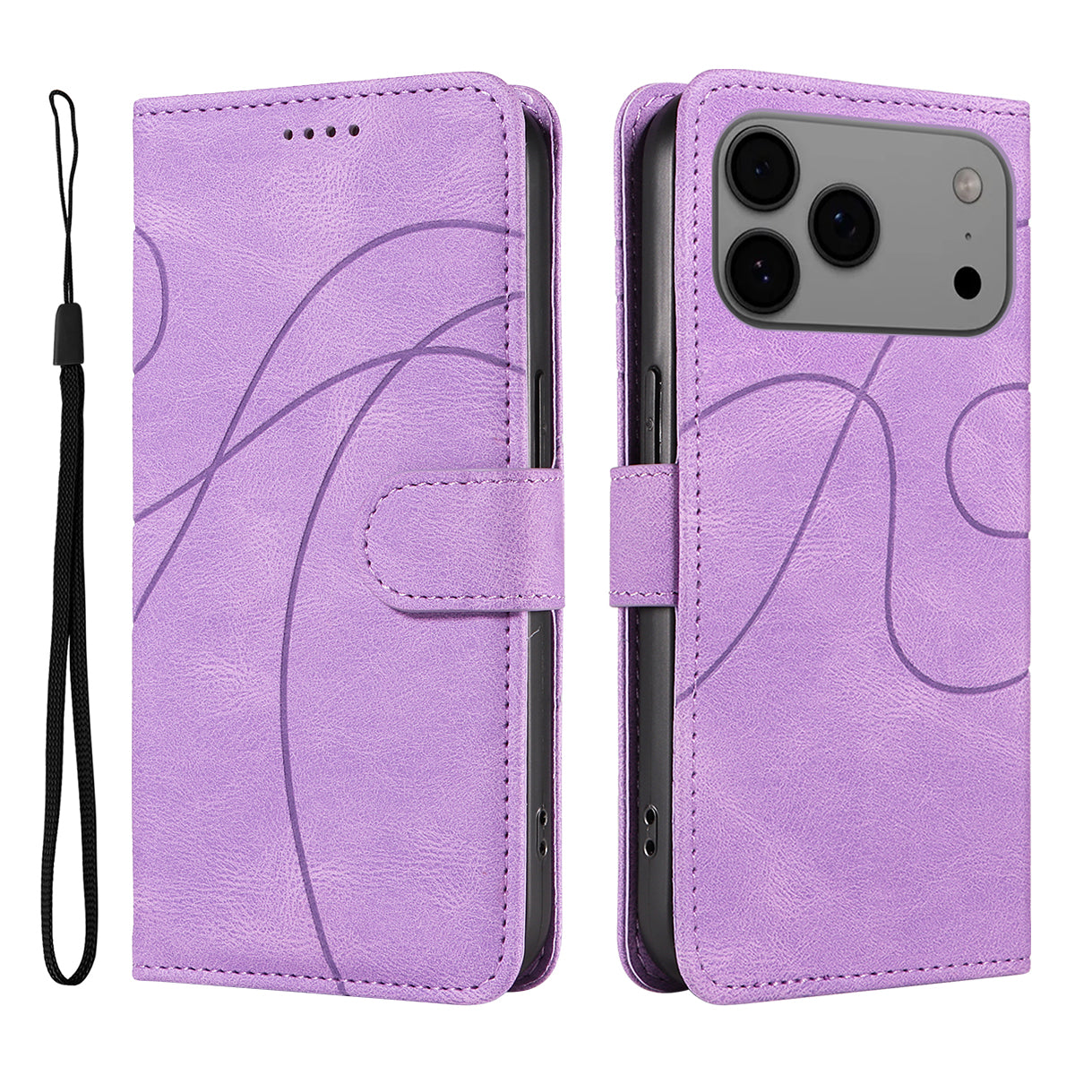 For iPhone 17 Pro Max Wallet Case Leather Phone Cover Stand with Curved Line Design - Light Purple