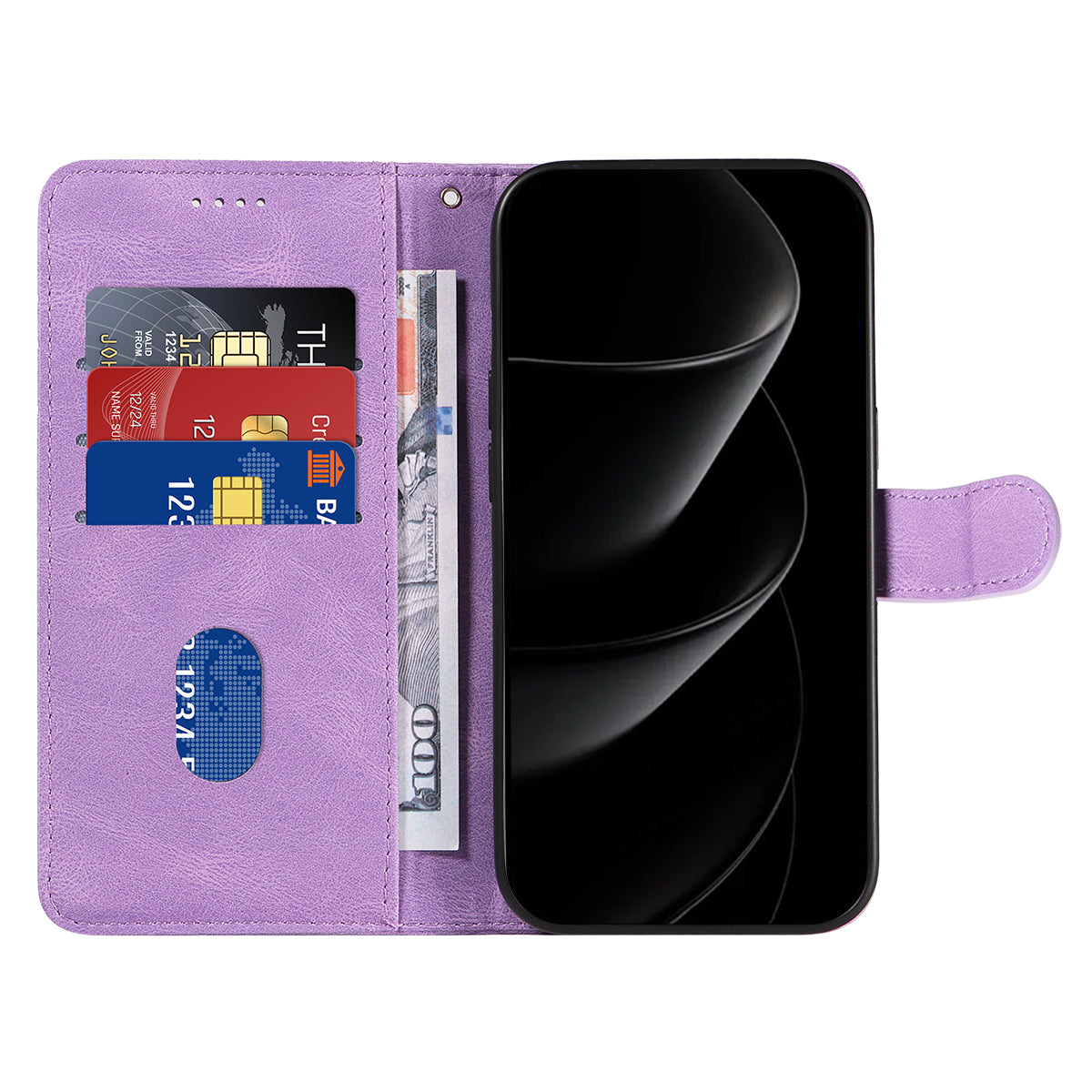 For iPhone 17 Pro Max Wallet Case Leather Phone Cover Stand with Curved Line Design - Light Purple