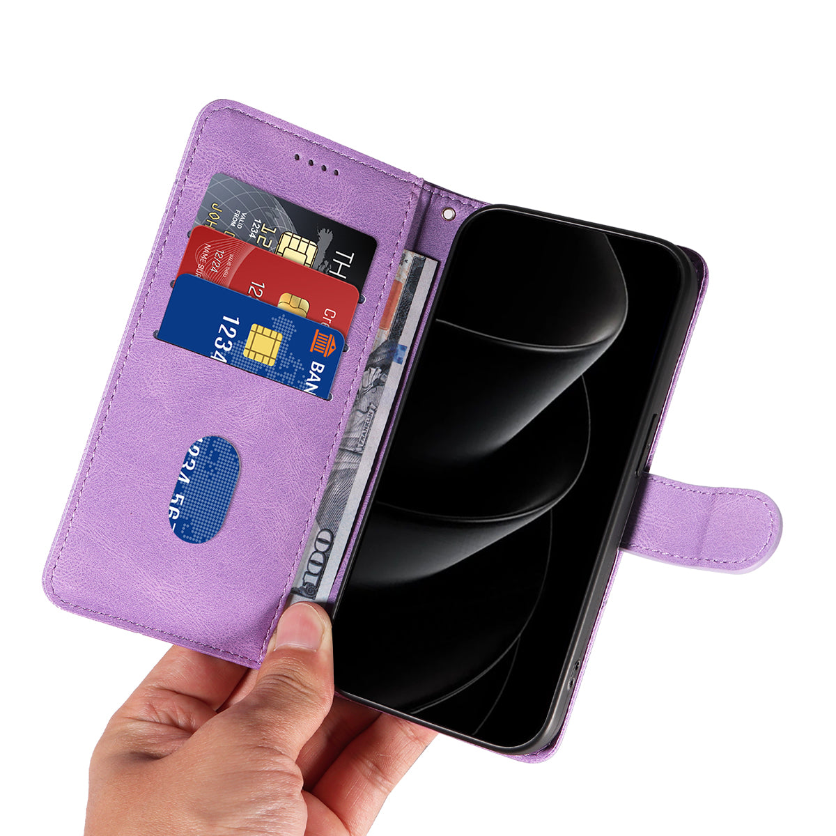 For iPhone 17 Pro Max Wallet Case Leather Phone Cover Stand with Curved Line Design - Light Purple