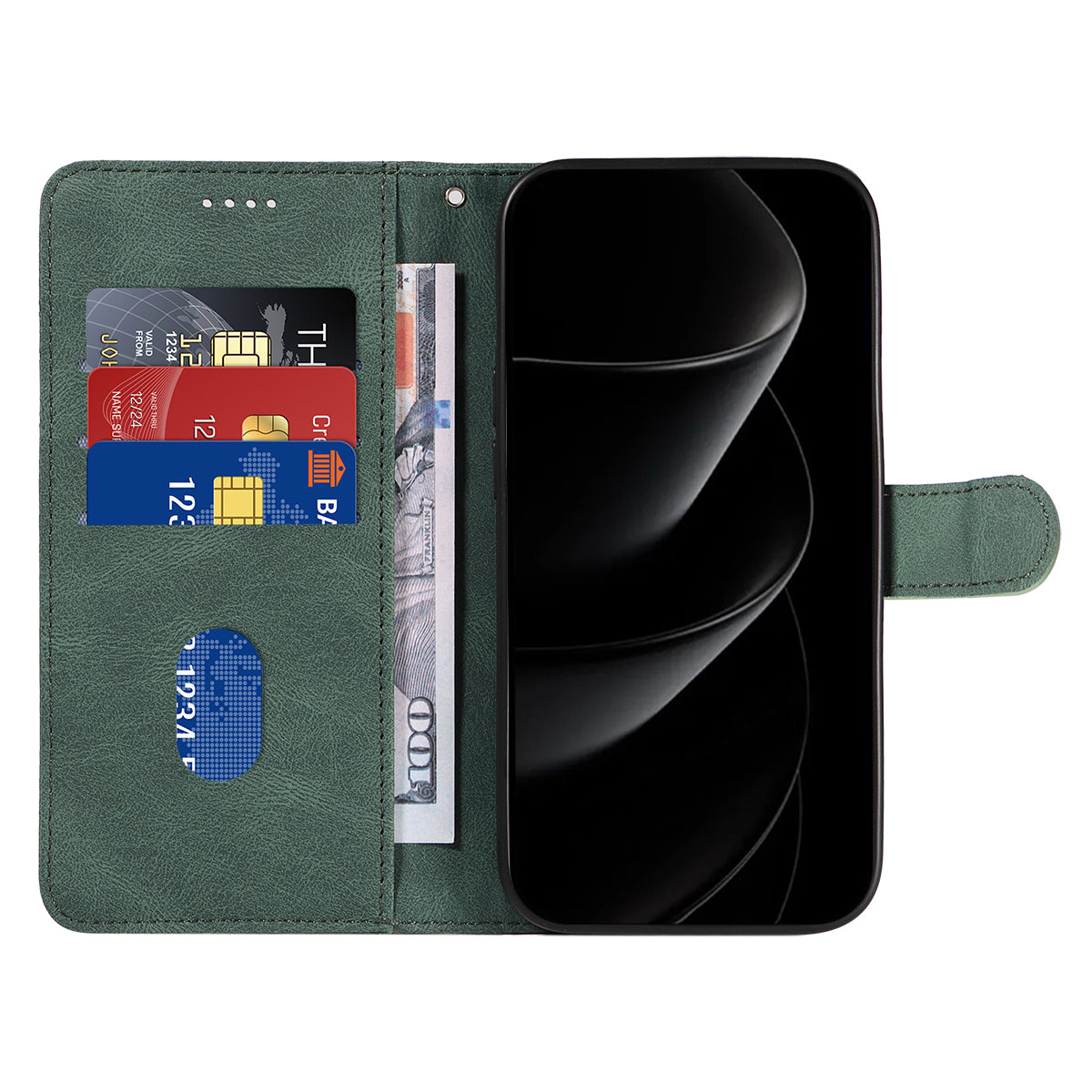 For iPhone 17 Pro Max Wallet Case Leather Phone Cover Stand with Curved Line Design - Green