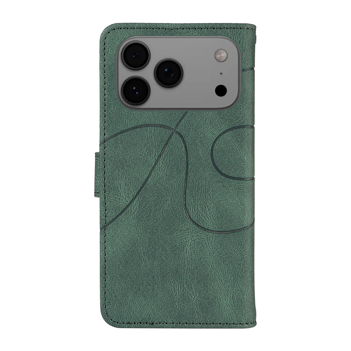 For iPhone 17 Pro Max Wallet Case Leather Phone Cover Stand with Curved Line Design - Green